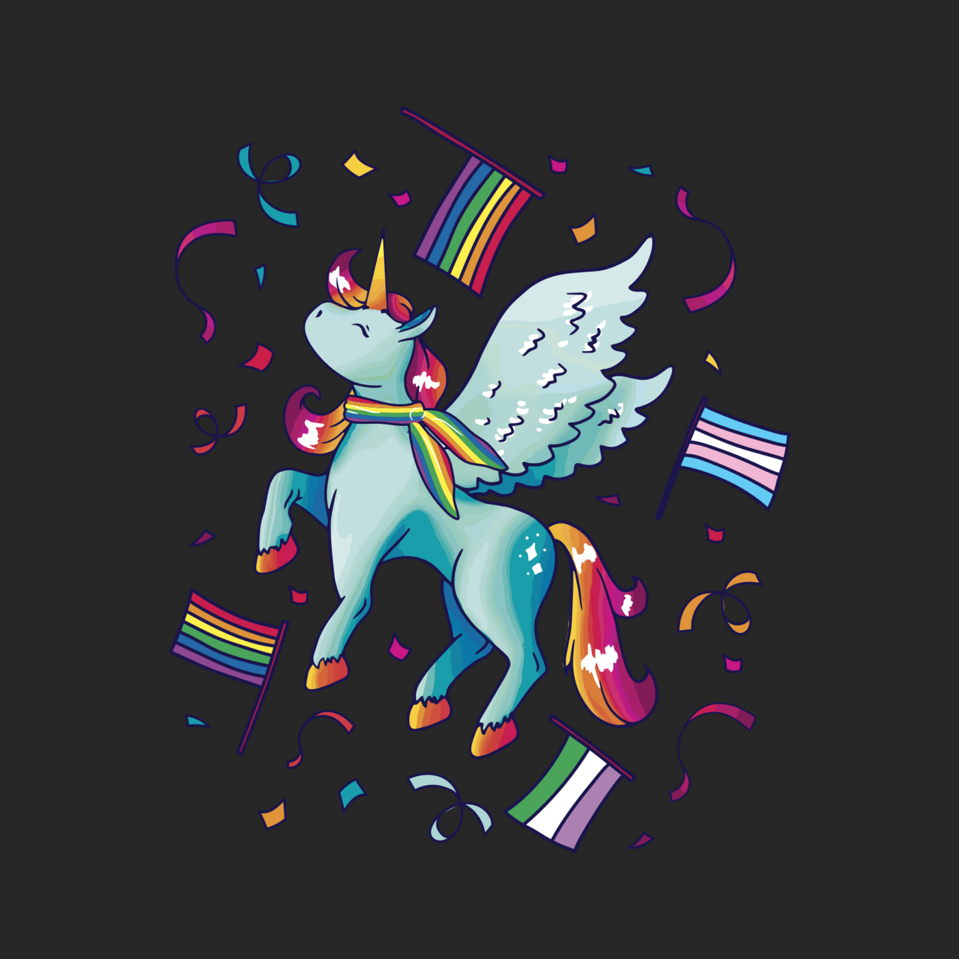 Regenbogen Einhorn mit Flaggen