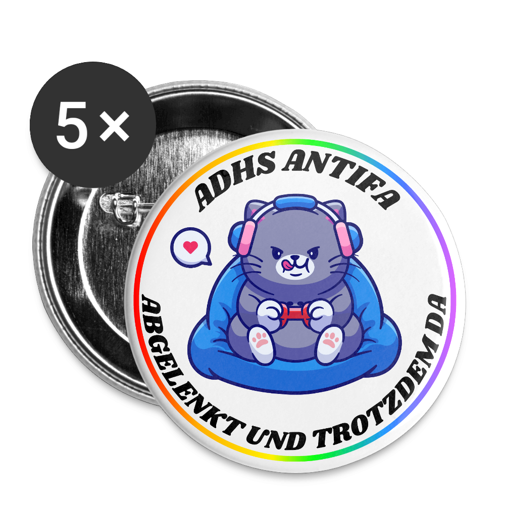 ADHS Antifa: Abgelenkt und trotzdem da "Gamer Cat Edition" - Buttons klein 5x - Weiß