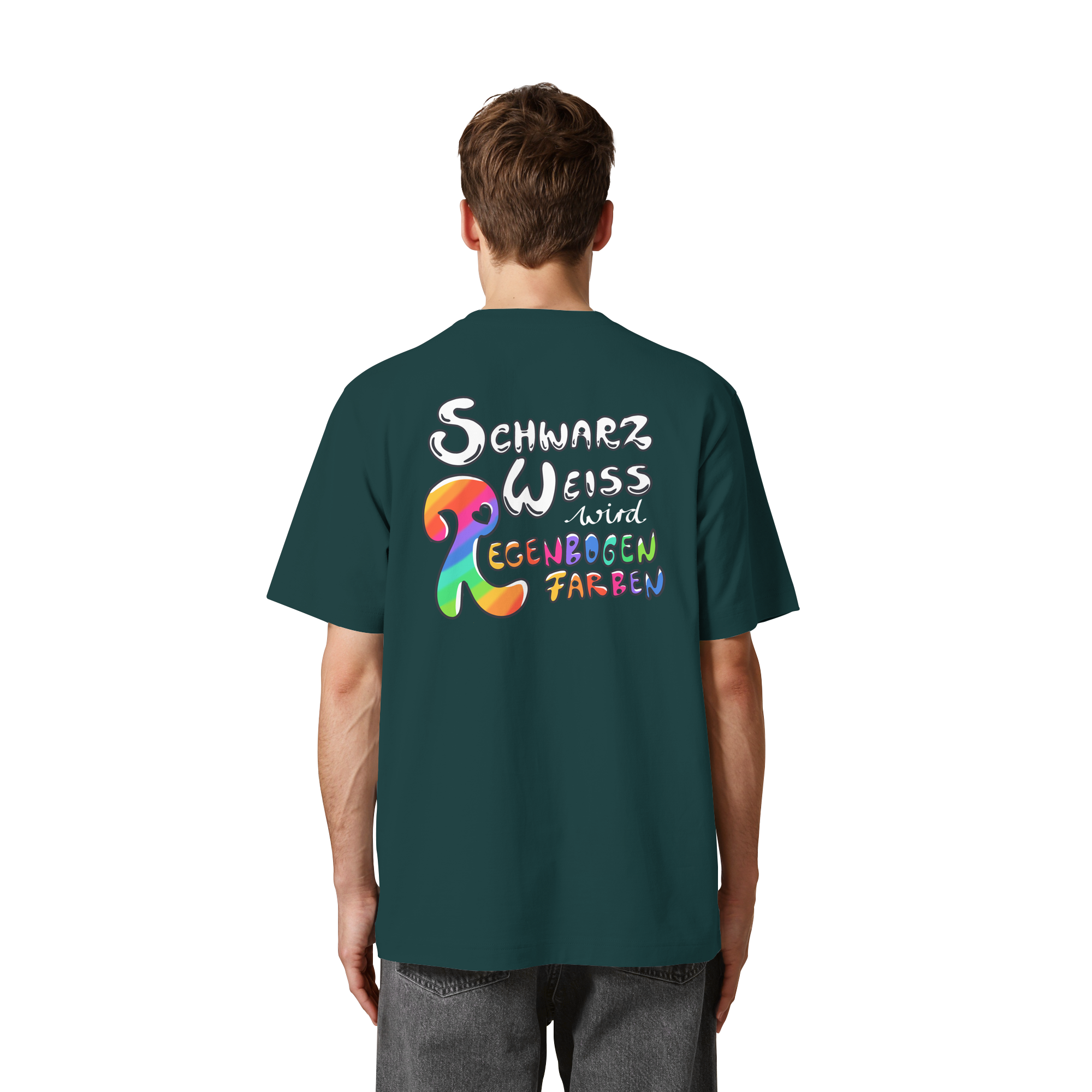 Schwarz Weiß wird Regenbogen Farben Backprint (dunkel) - Heavy Oversized Organic Shirt