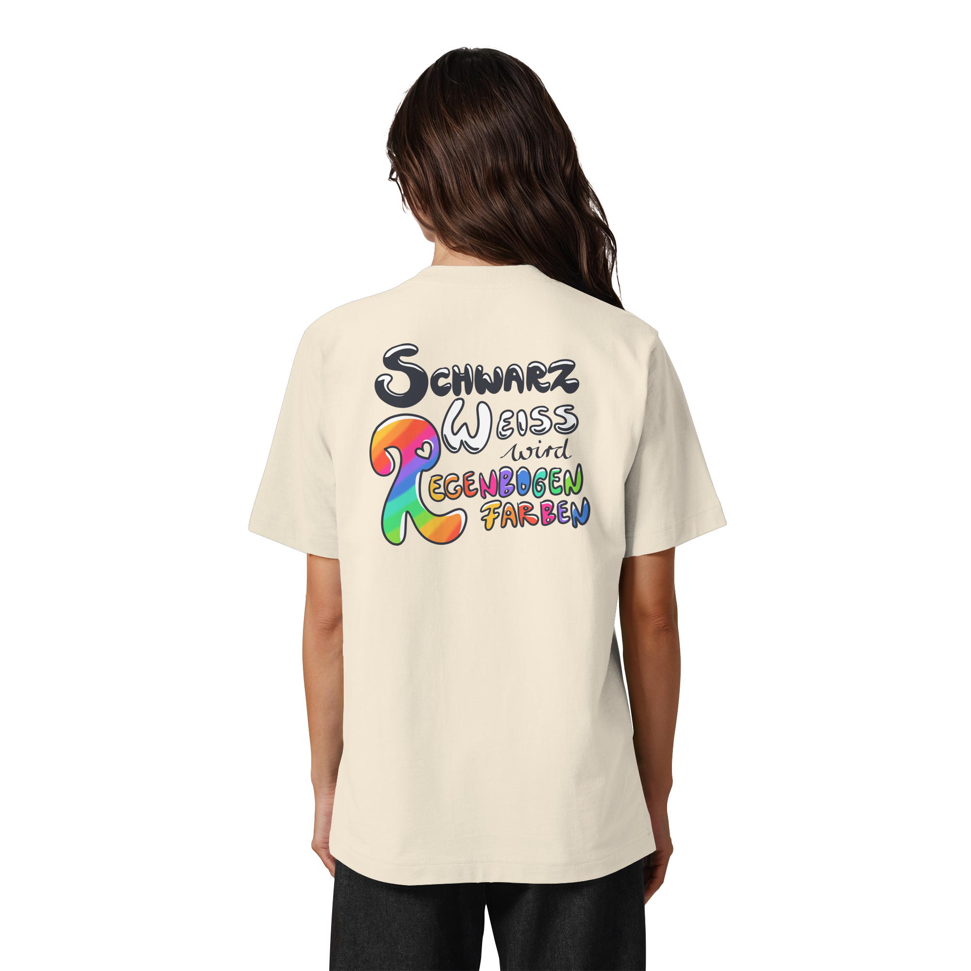 Schwarz Weiß wird Regenbogen Farben Backprint (hell) - Heavy Oversized Organic Shirt