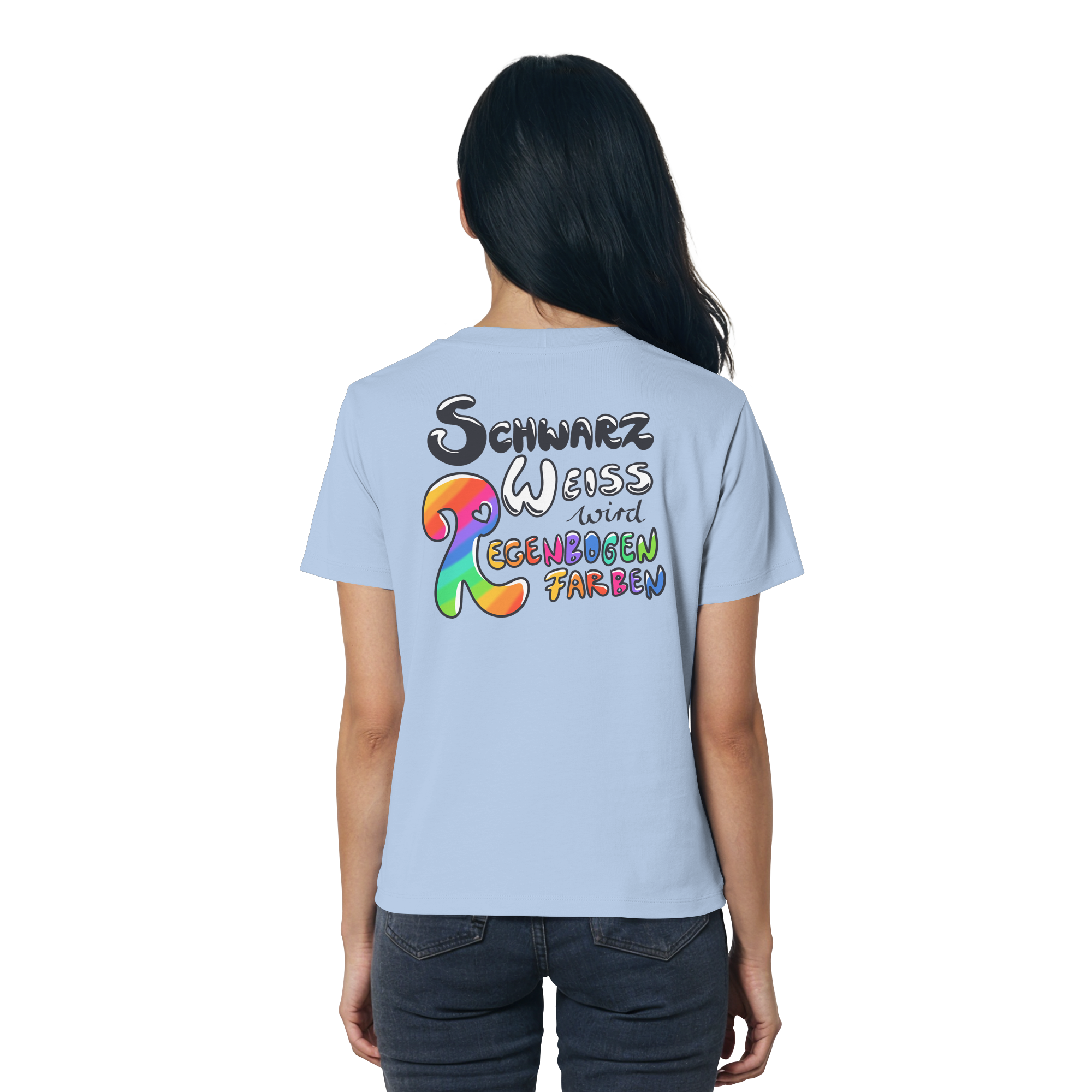 Schwarz Weiß wird Regenbogen Farben Backprint (hell) - Ladies Organic Shirt