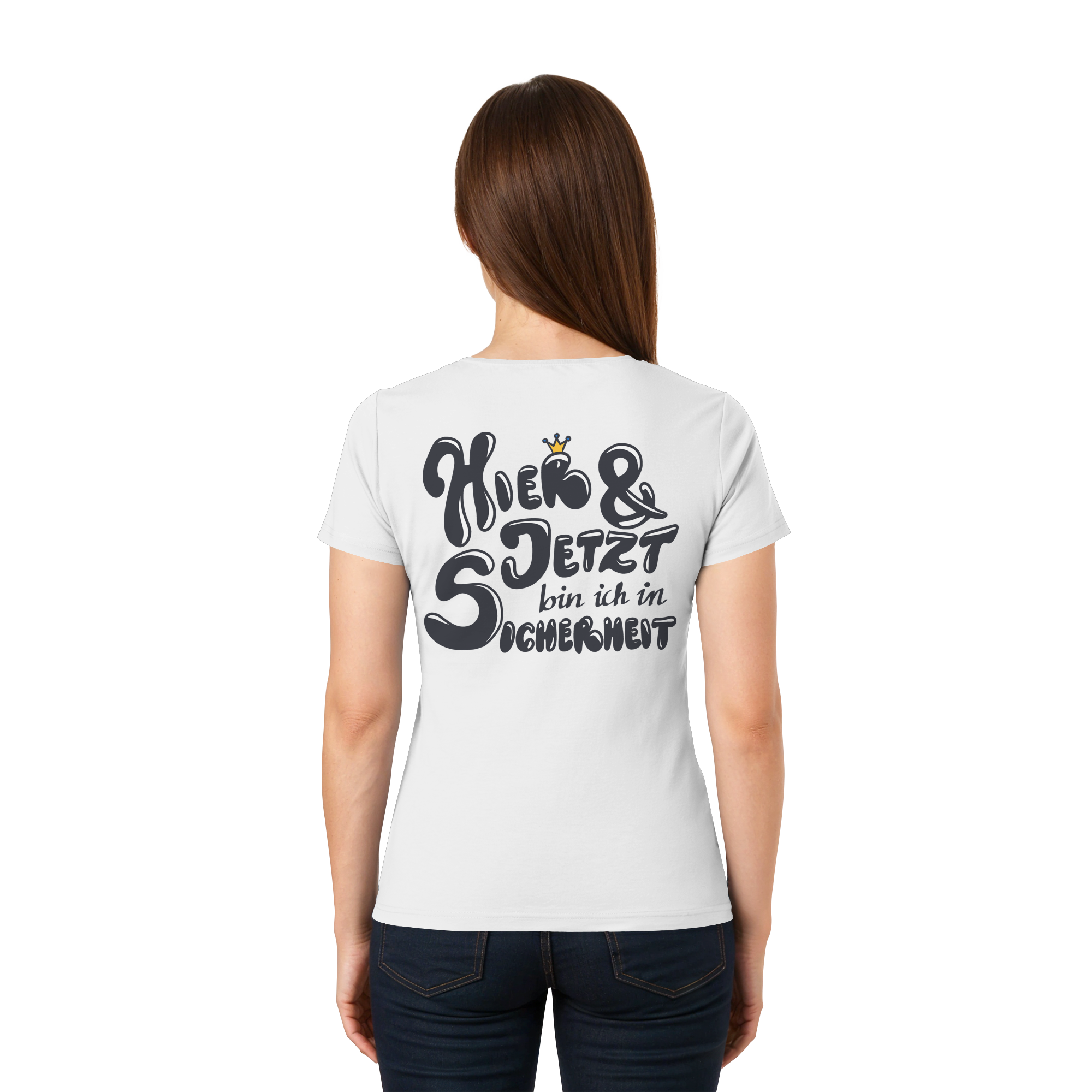 Hier und jetzt bin ich in Sicherheit "Schwarze Edition" Backprint - Ladies V-Neck Shirt