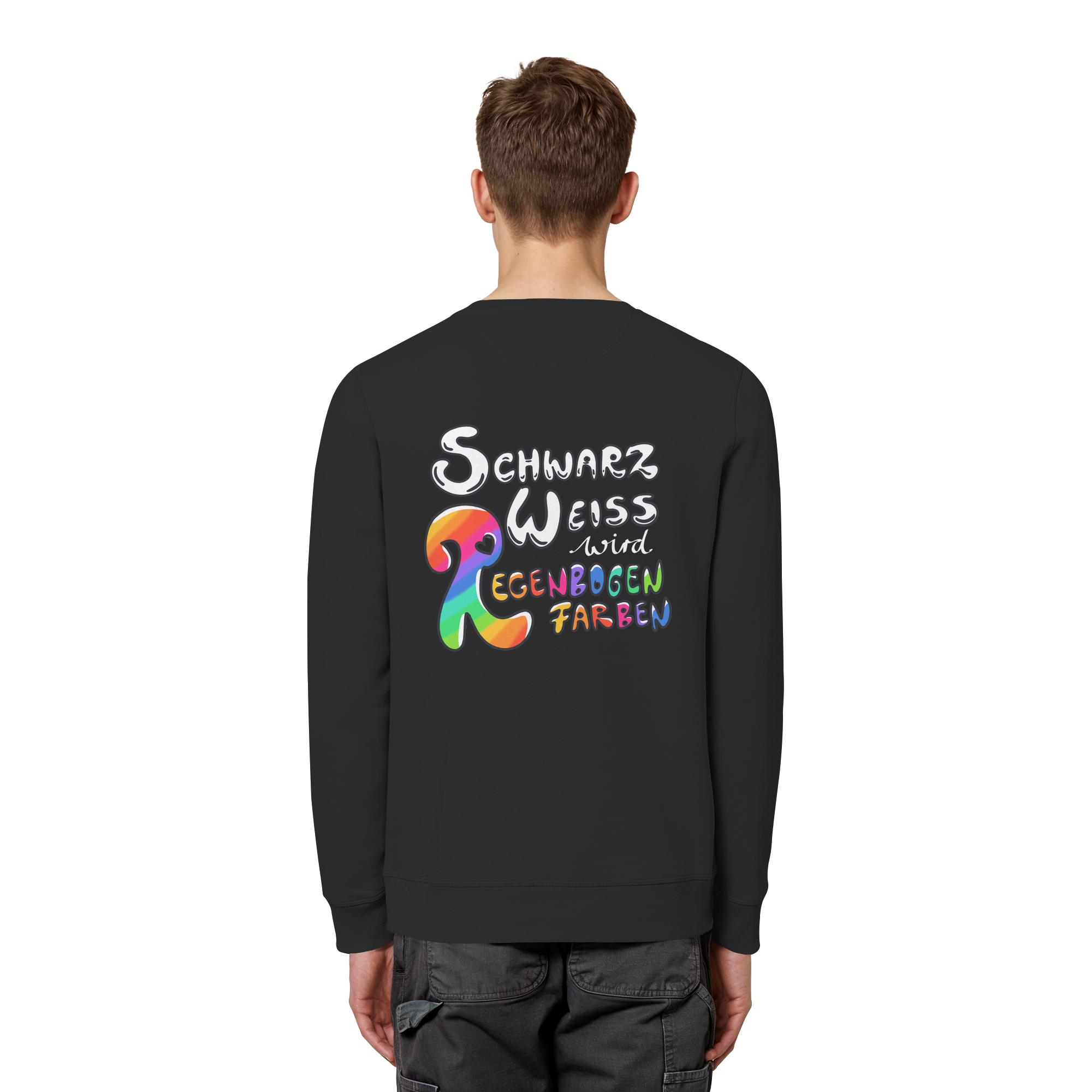 Schwarz Weiß wird Regenbogen Farben Backprint (dunkel) - Organic Basic Unisex Sweatshirt