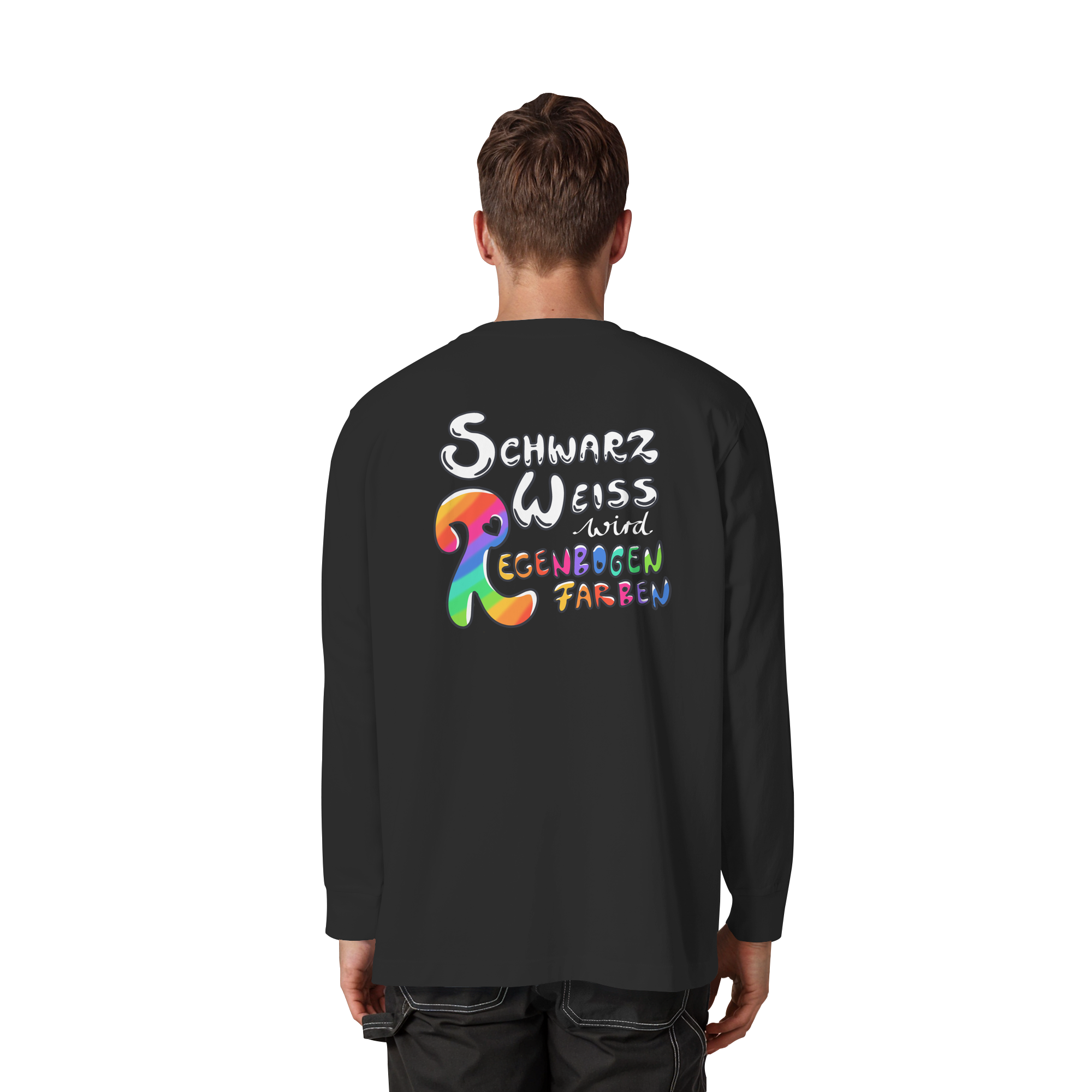 Schwarz Weiß wird Regenbogen Farben Backprint (dunkel) - Organic Heavy Oversized Longsleeve T-Shirt