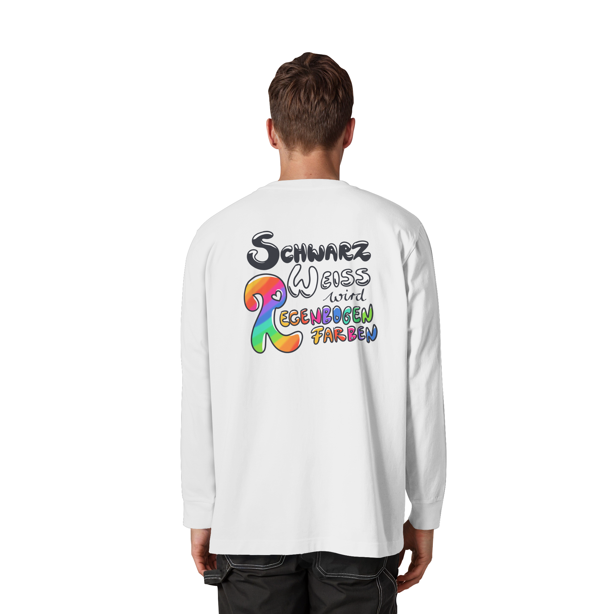 Schwarz Weiß wird Regenbogen Farben Backprint (hell) - Organic Heavy Oversized Longsleeve T-Shirt