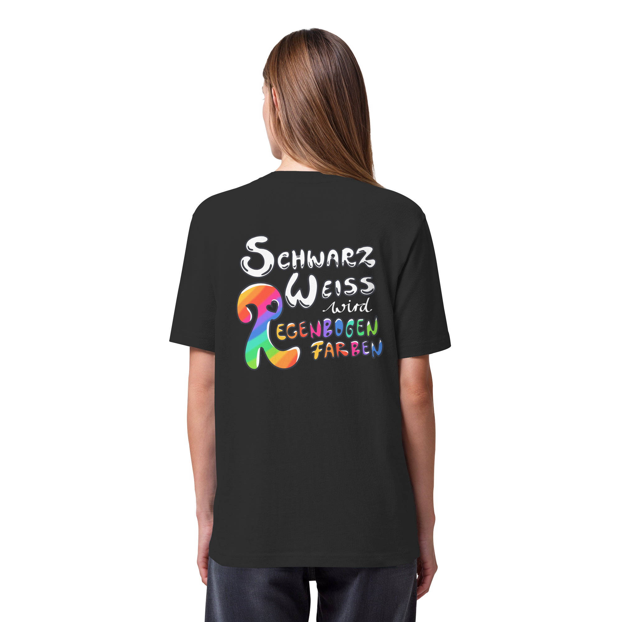 Schwarz Weiß wird Regenbogen Farben Backprint (dunkel) - Organic Heavy T-Shirt