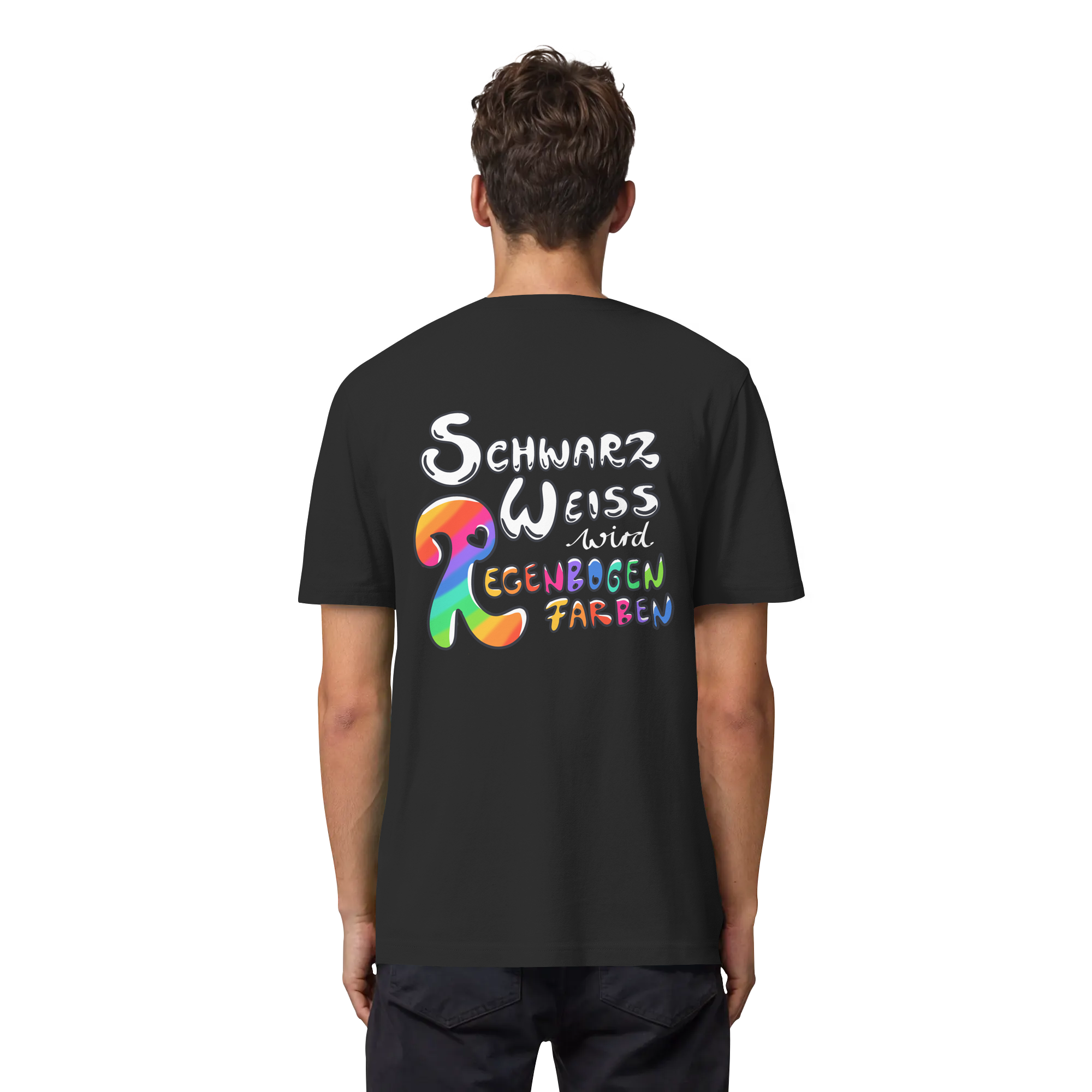 Schwarz Weiß wird Regenbogen Farben Backprint (dunkel) - Organic Heavy T-Shirt