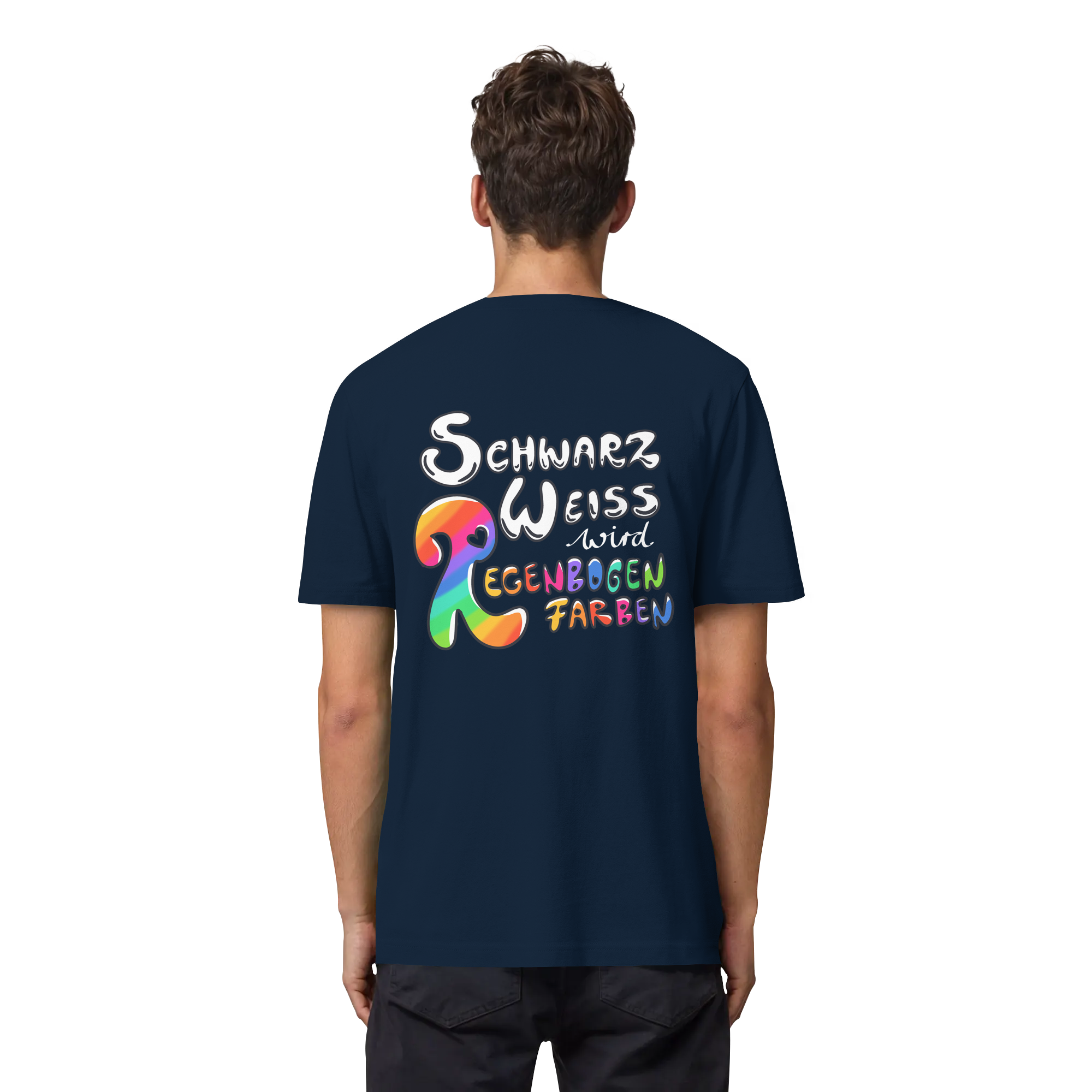Schwarz Weiß wird Regenbogen Farben Backprint (dunkel) - Organic Heavy T-Shirt