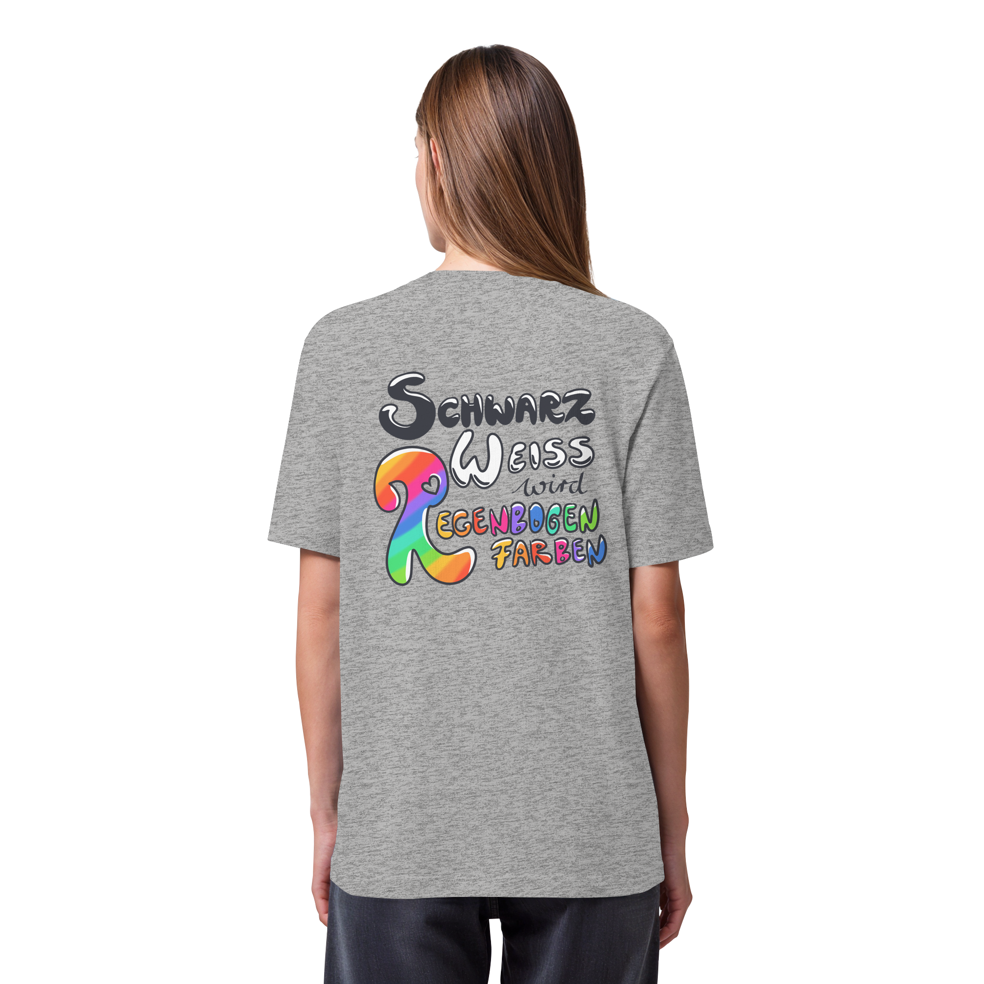 Schwarz Weiß wird Regenbogen Farben Backprint (hell) - Organic Heavy T-Shirt