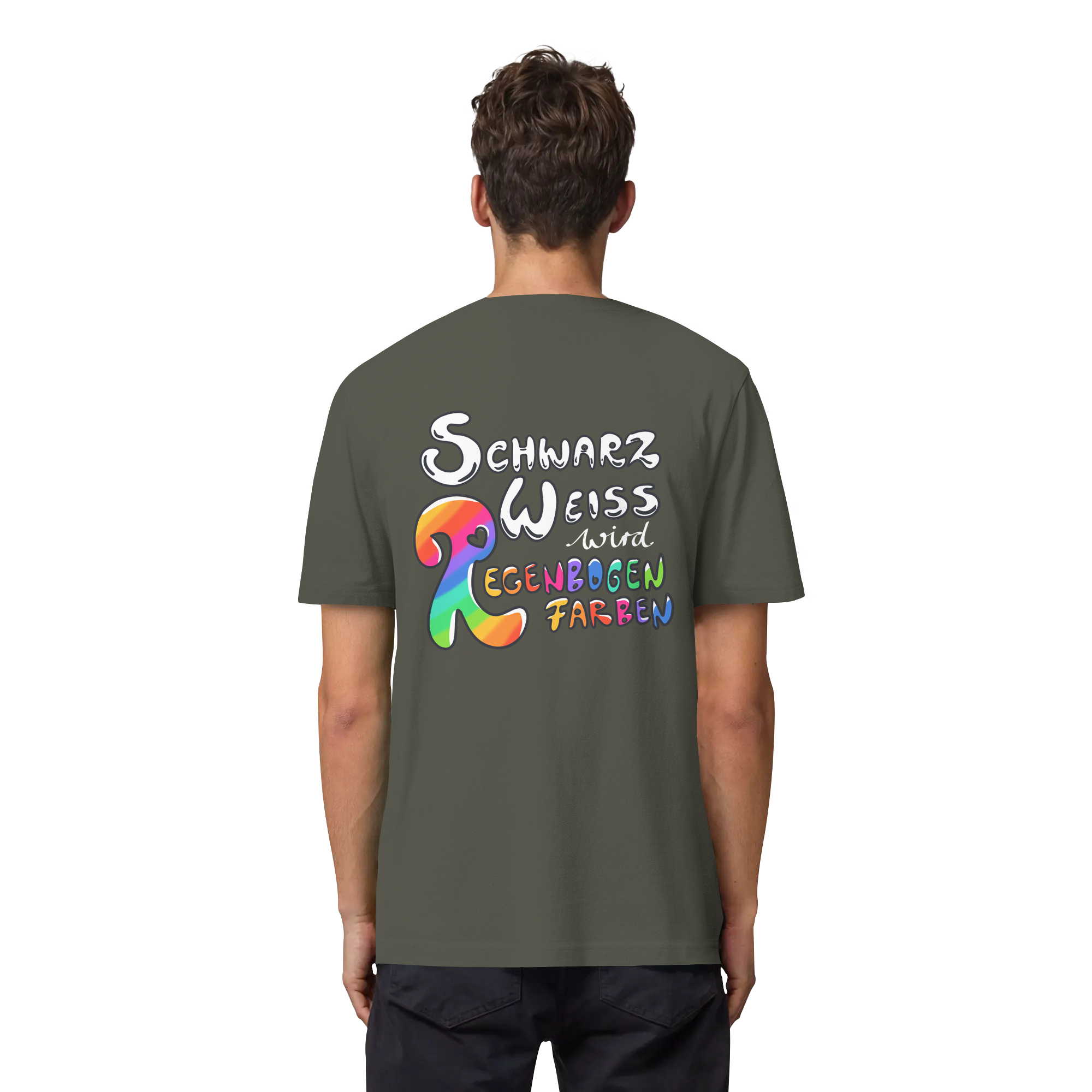 Schwarz Weiß wird Regenbogen Farben Backprint (dunkel) - Organic Heavy T-Shirt