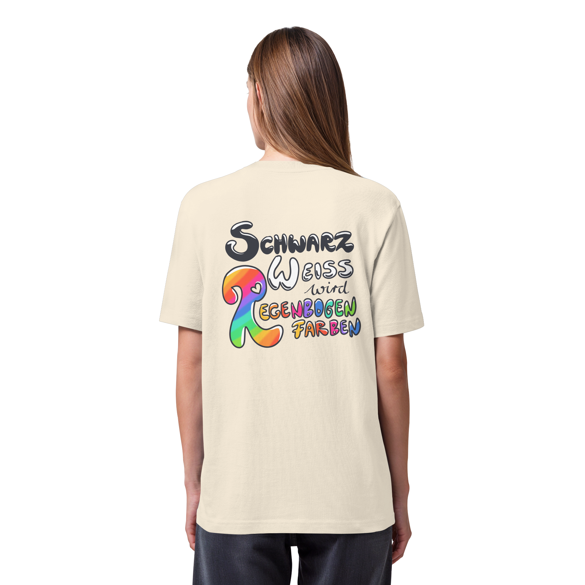 Schwarz Weiß wird Regenbogen Farben Backprint (hell) - Organic Heavy T-Shirt