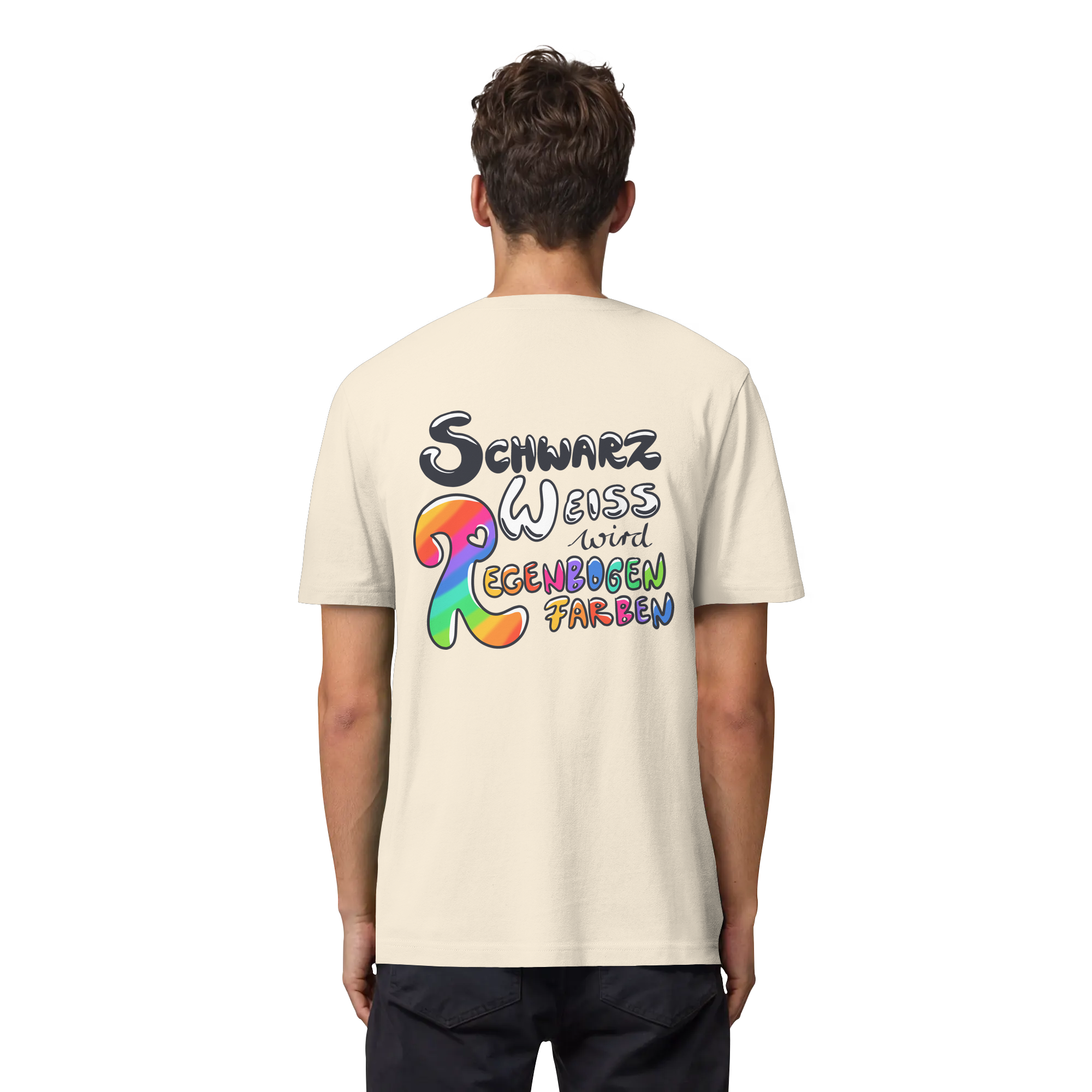 Schwarz Weiß wird Regenbogen Farben Backprint (hell) - Organic Heavy T-Shirt