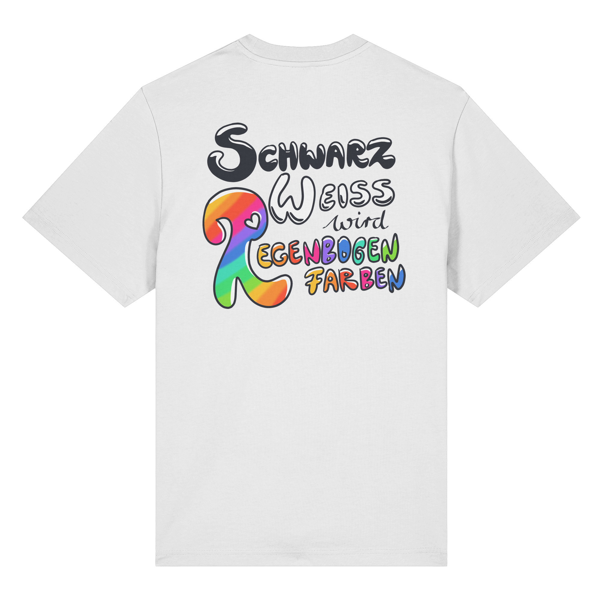 Schwarz Weiß wird Regenbogen Farben Backprint (hell) - Organic Heavy T-Shirt
