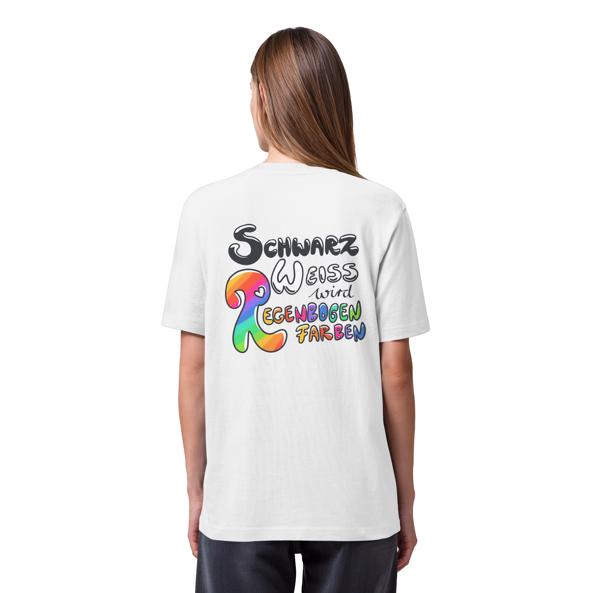 Schwarz Weiß wird Regenbogen Farben Backprint (hell) - Organic Heavy T-Shirt