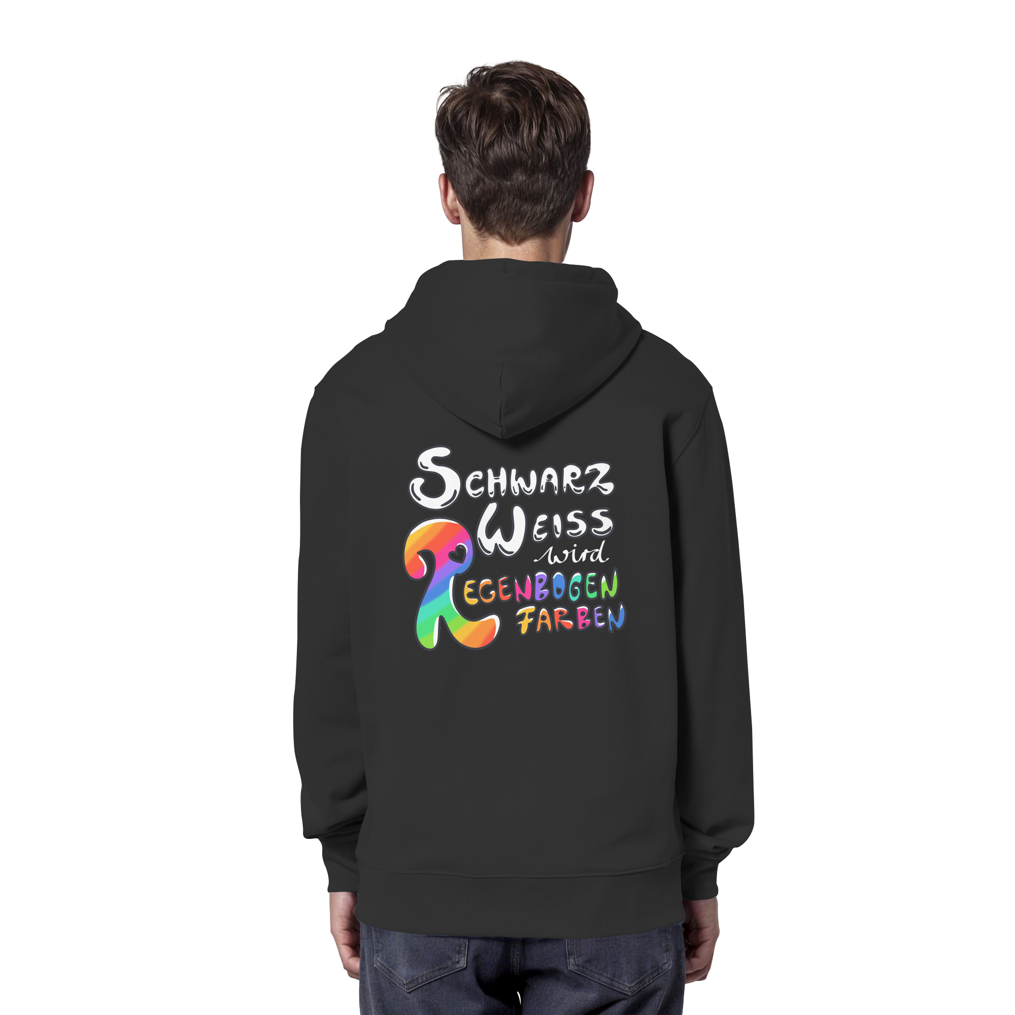 Schwarz Weiß wird Regenbogen Farben Backprint (dunkel) - Organic Hoodie