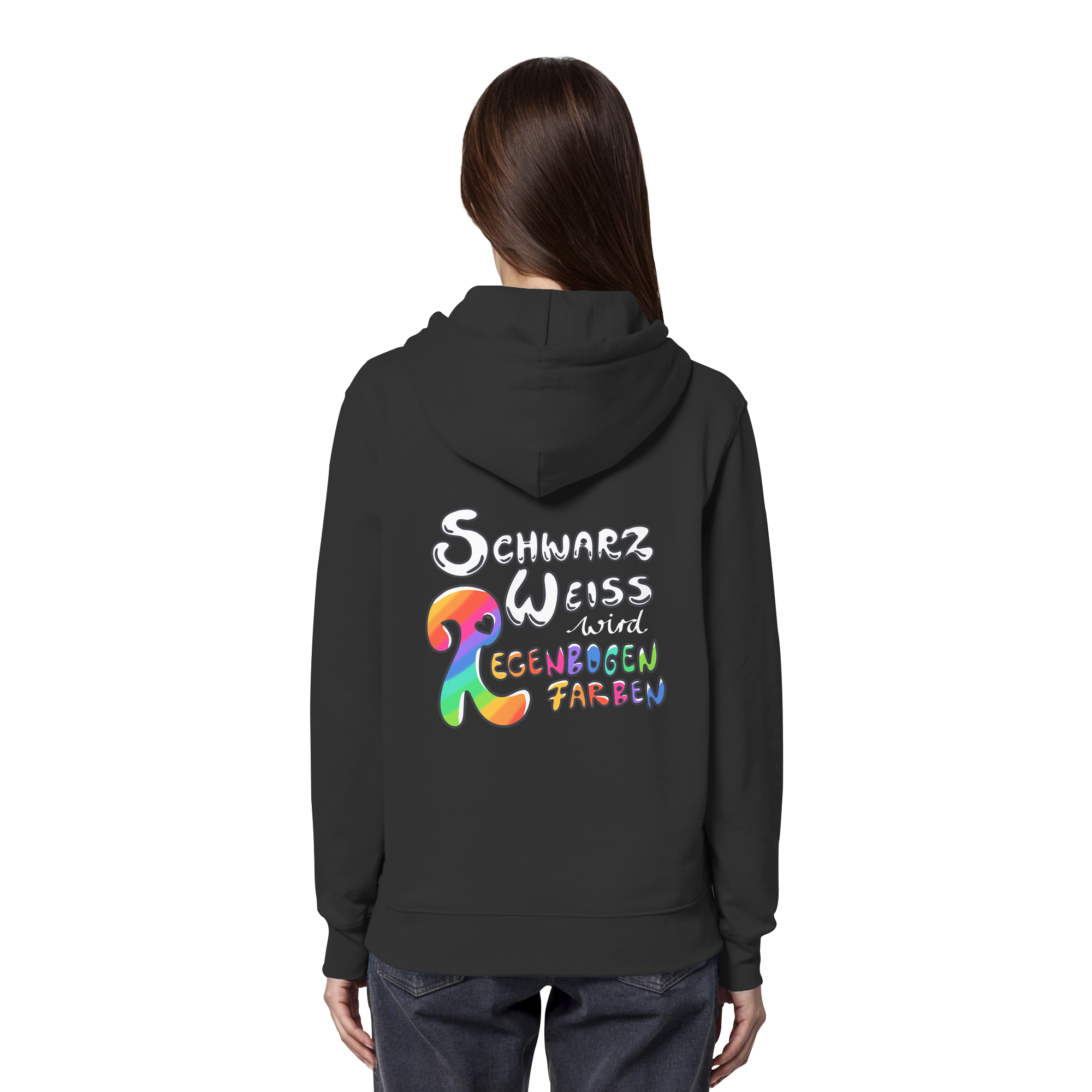 Schwarz Weiß wird Regenbogen Farben Backprint (dunkel) - Organic Hoodie