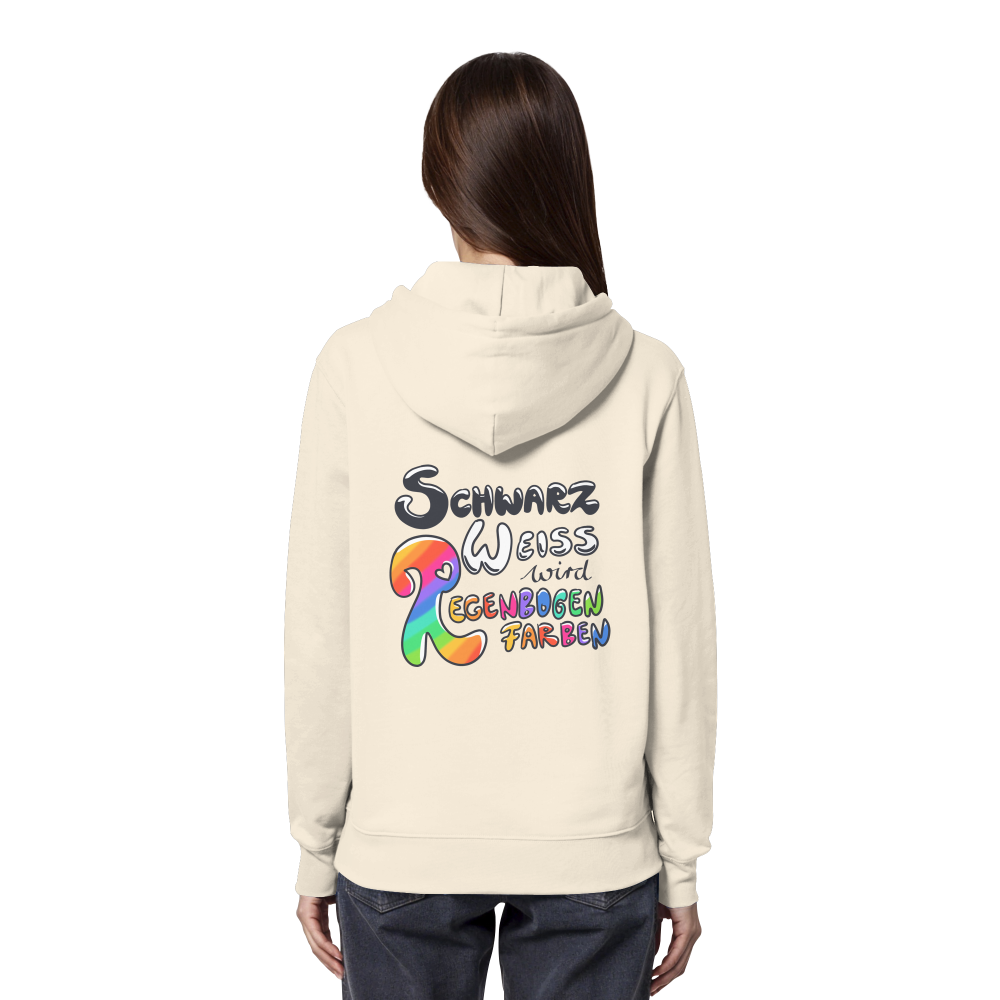 Schwarz Weiß wird Regenbogen Farben Backprint (hell) - Organic Hoodie