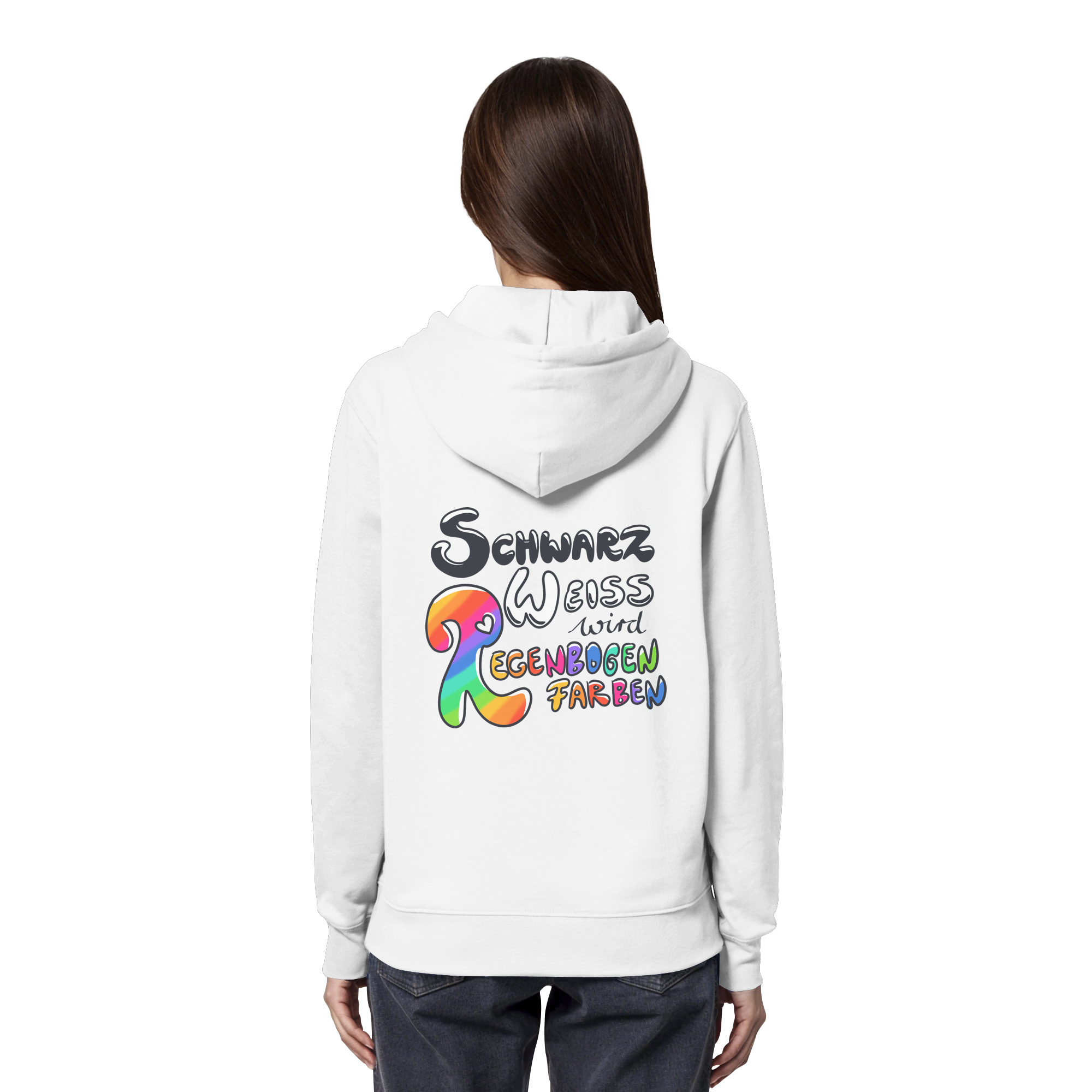 Schwarz Weiß wird Regenbogen Farben Backprint (hell) - Organic Hoodie