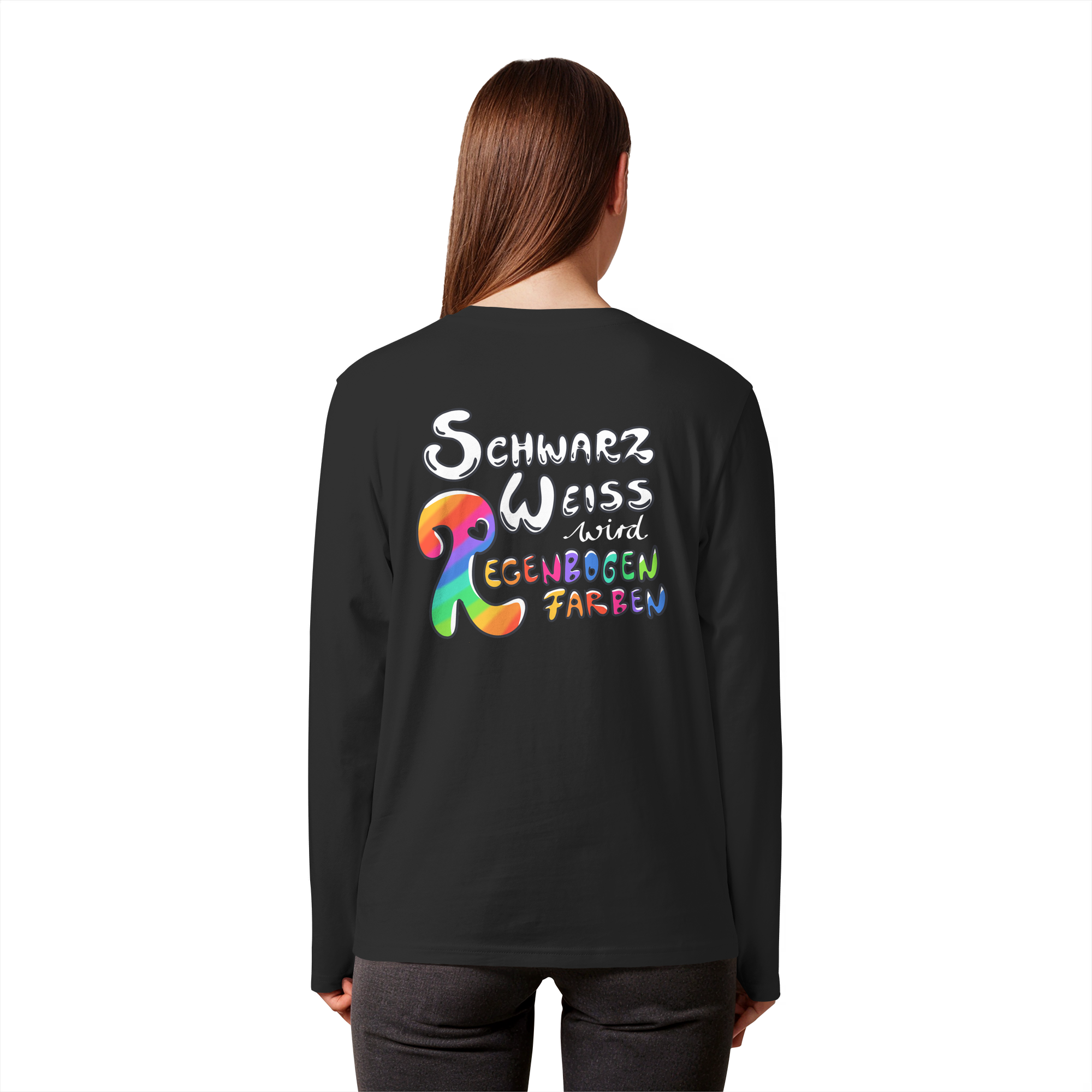 Schwarz Weiß wird Regenbogen Farben Backprint (dunkel) - Organic Longsleeve T-Shirt