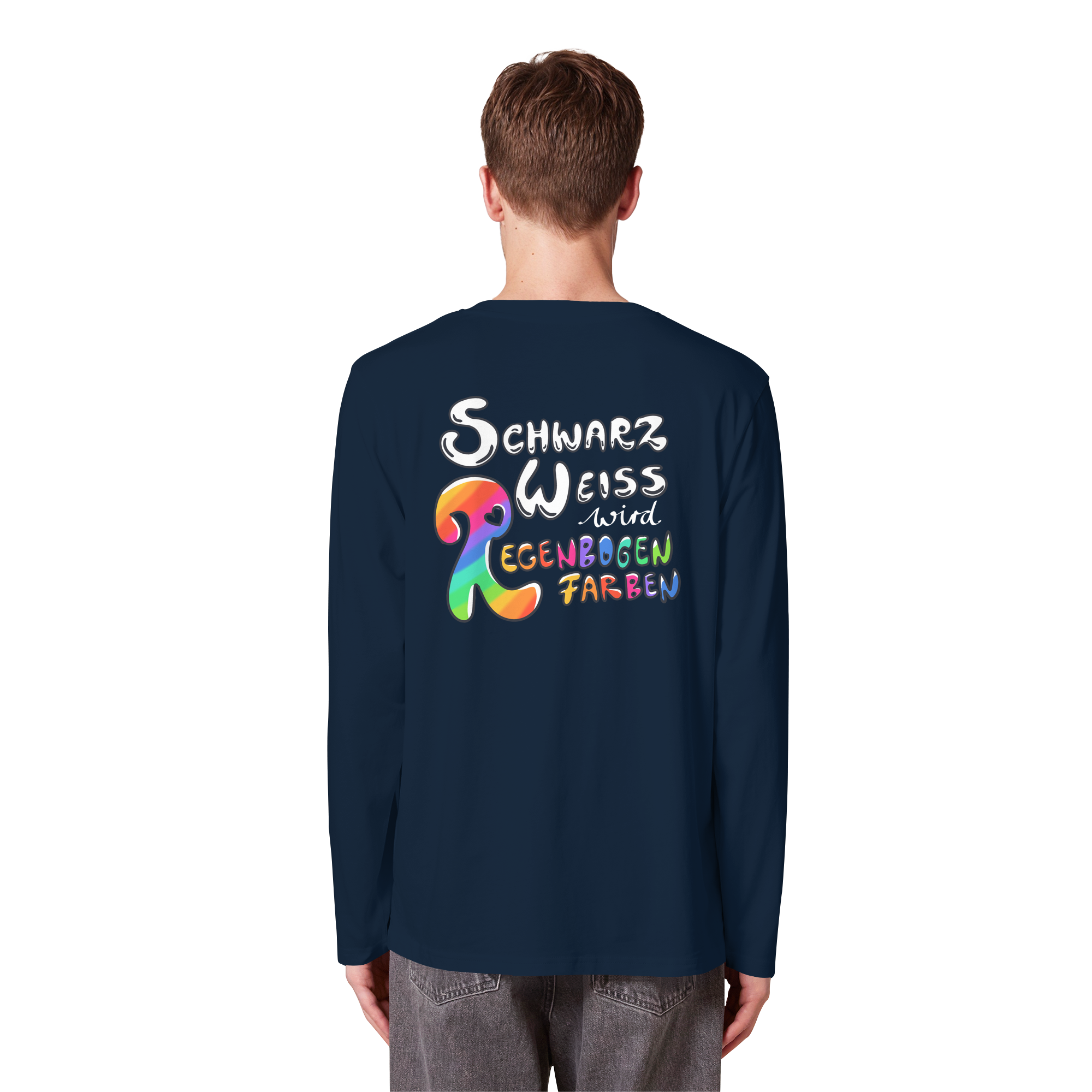 Schwarz Weiß wird Regenbogen Farben Backprint (dunkel) - Organic Longsleeve T-Shirt
