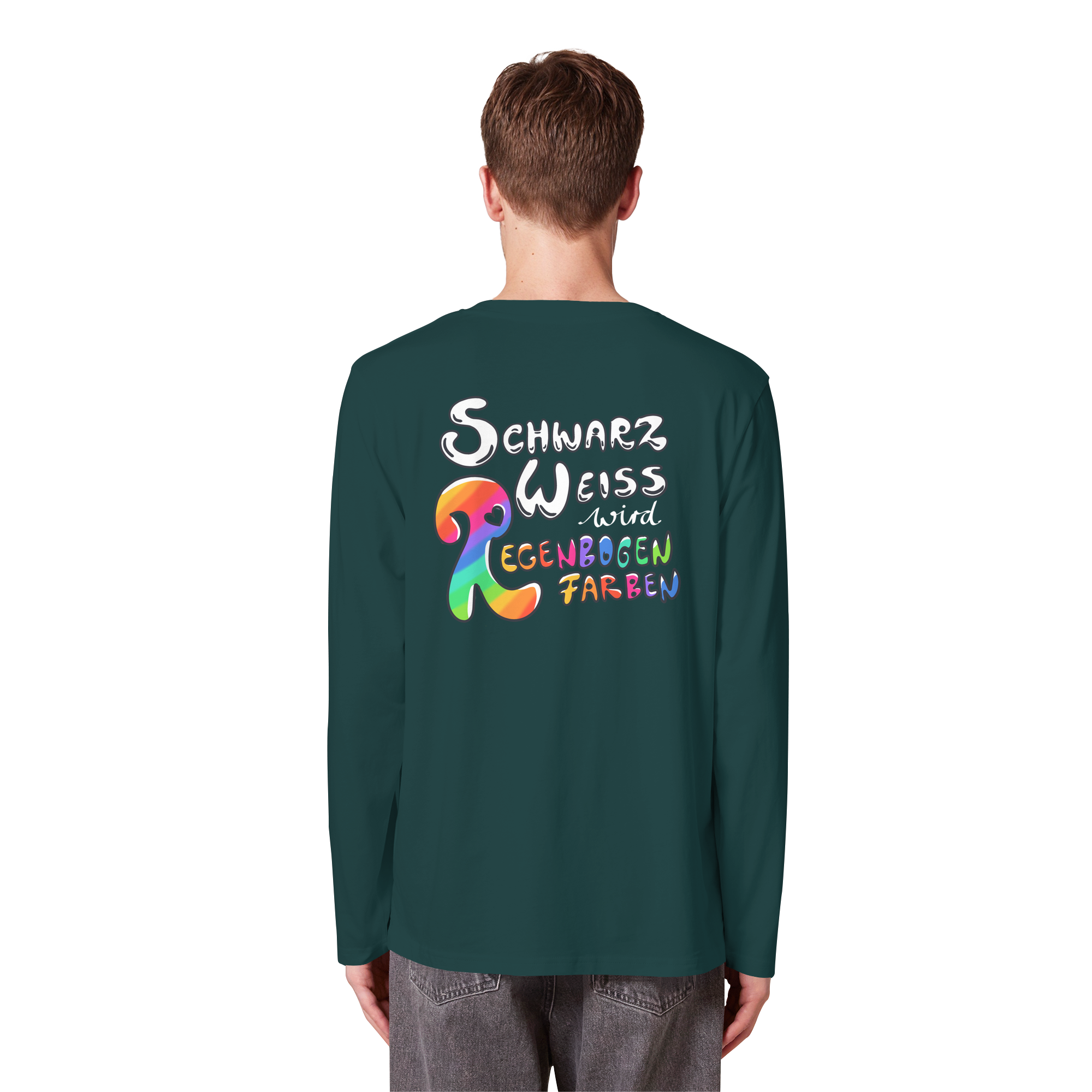 Schwarz Weiß wird Regenbogen Farben Backprint (dunkel) - Organic Longsleeve T-Shirt