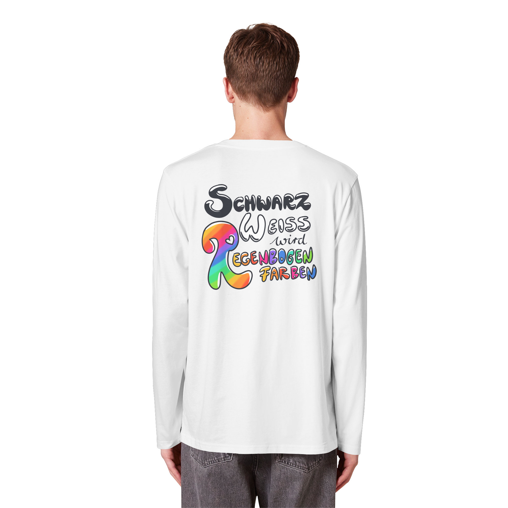 Schwarz Weiß wird Regenbogen Farben Backprint (hell) - Organic Longsleeve T-Shirt