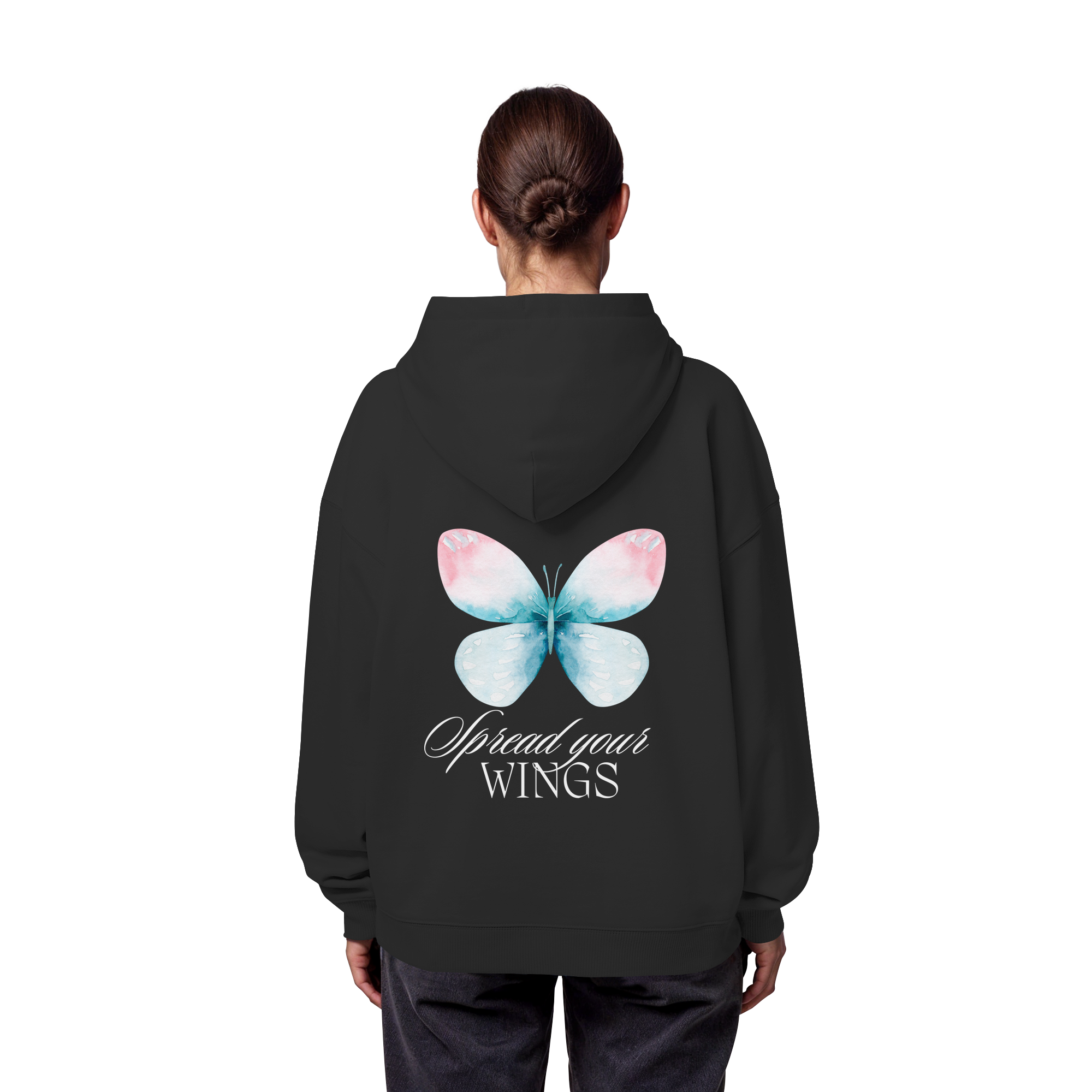 Spread your Wings (weiße Schrift) Backprint - Organic Oversize Hoodie