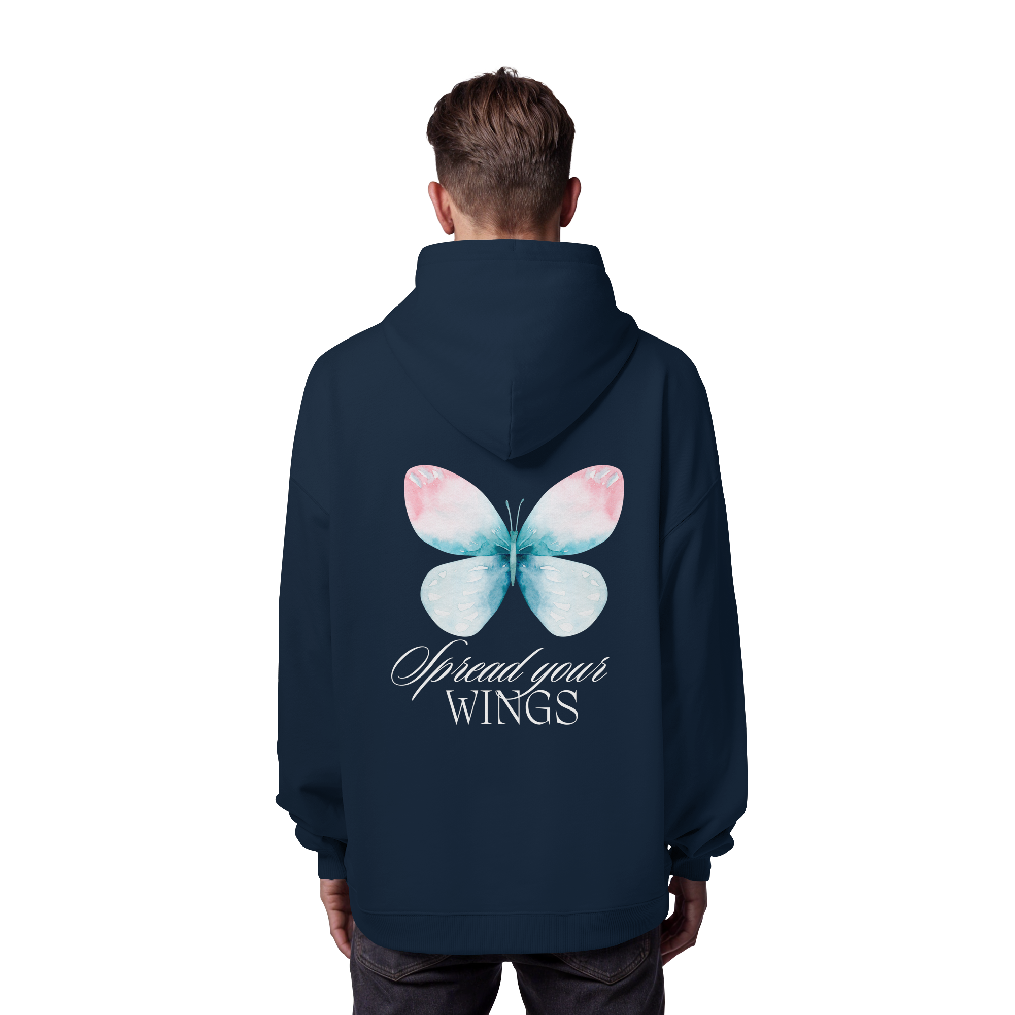 Spread your Wings (weiße Schrift) Backprint - Organic Oversize Hoodie