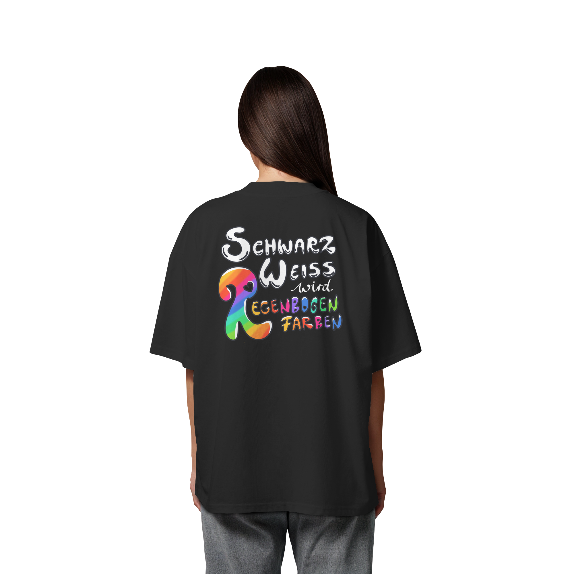 Schwarz Weiß wird Regenbogen Farben Backprint (dunkel) - Organic Oversize Shirt