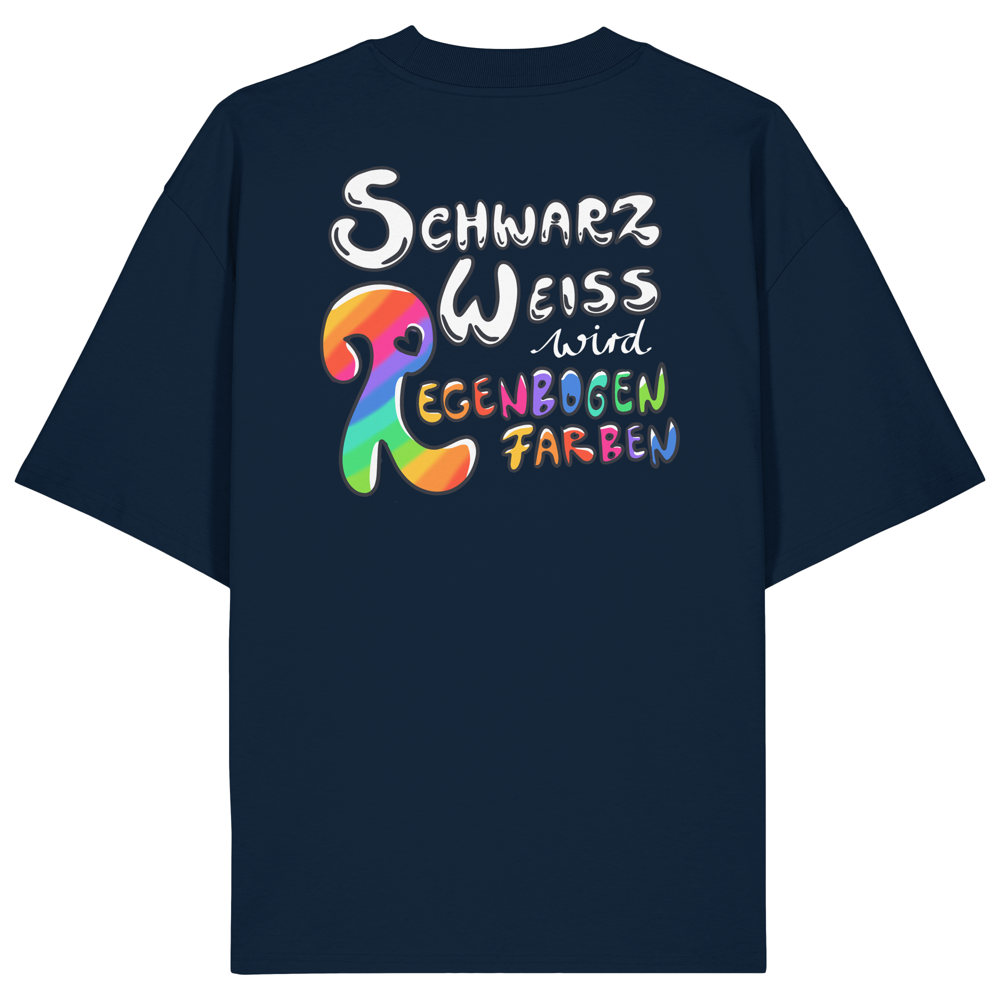 Schwarz Weiß wird Regenbogen Farben Backprint (dunkel) - Organic Oversize Shirt
