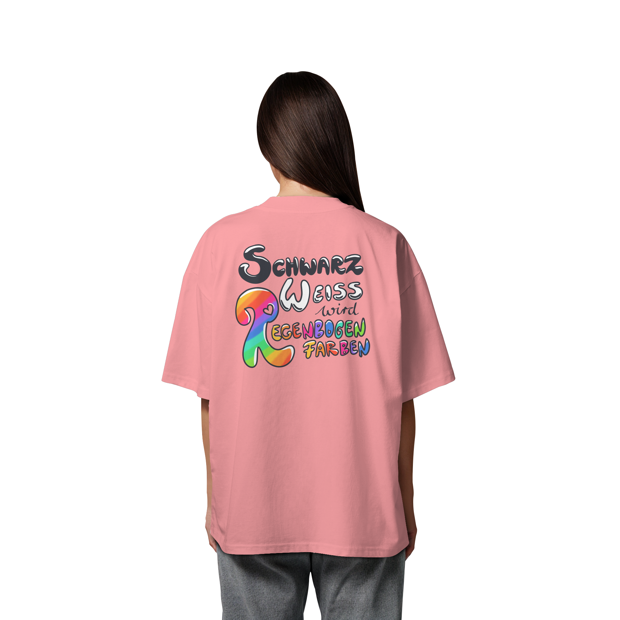 Schwarz Weiß wird Regenbogen Farben Backprint (hell) - Organic Oversize Shirt