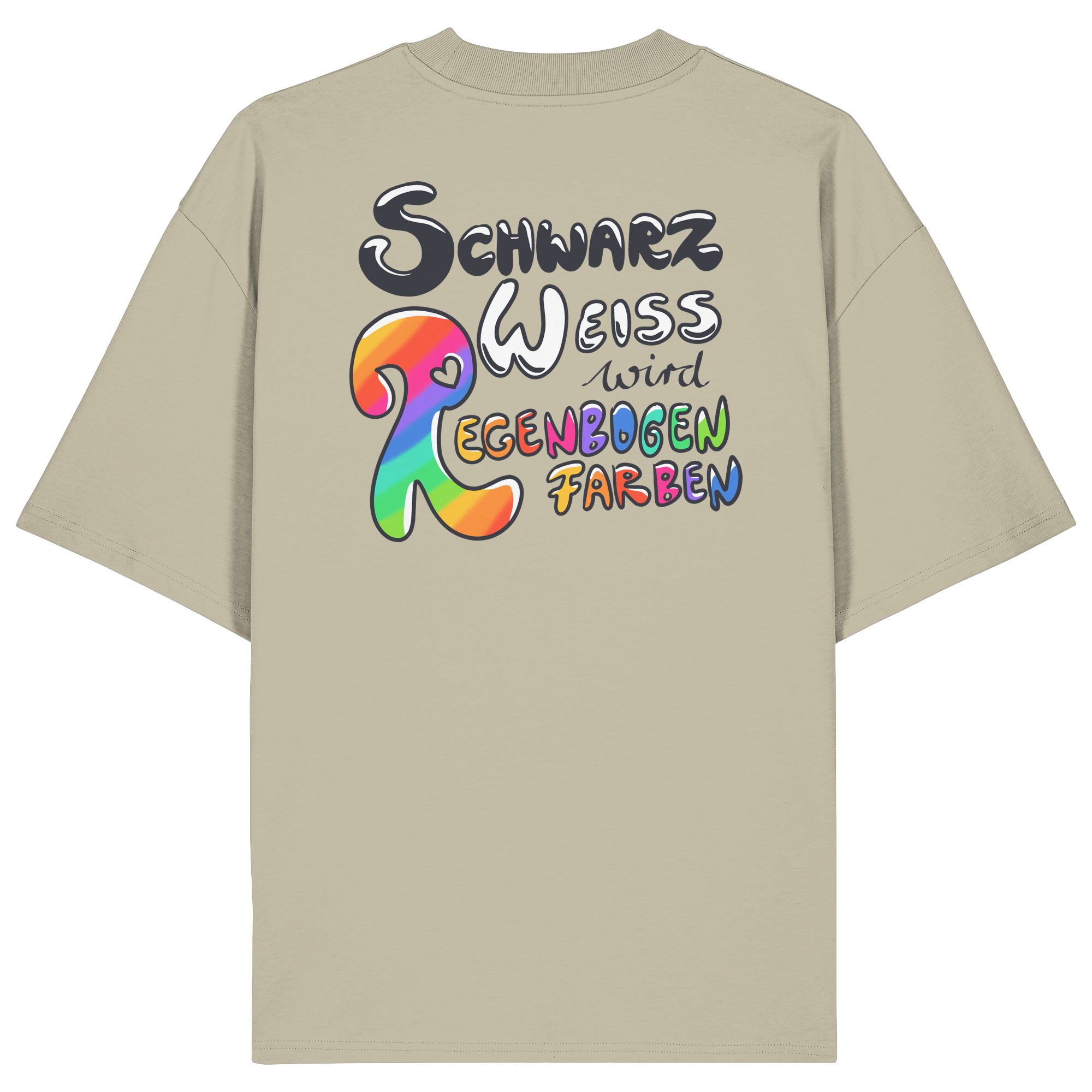 Schwarz Weiß wird Regenbogen Farben Backprint (hell) - Organic Oversize Shirt