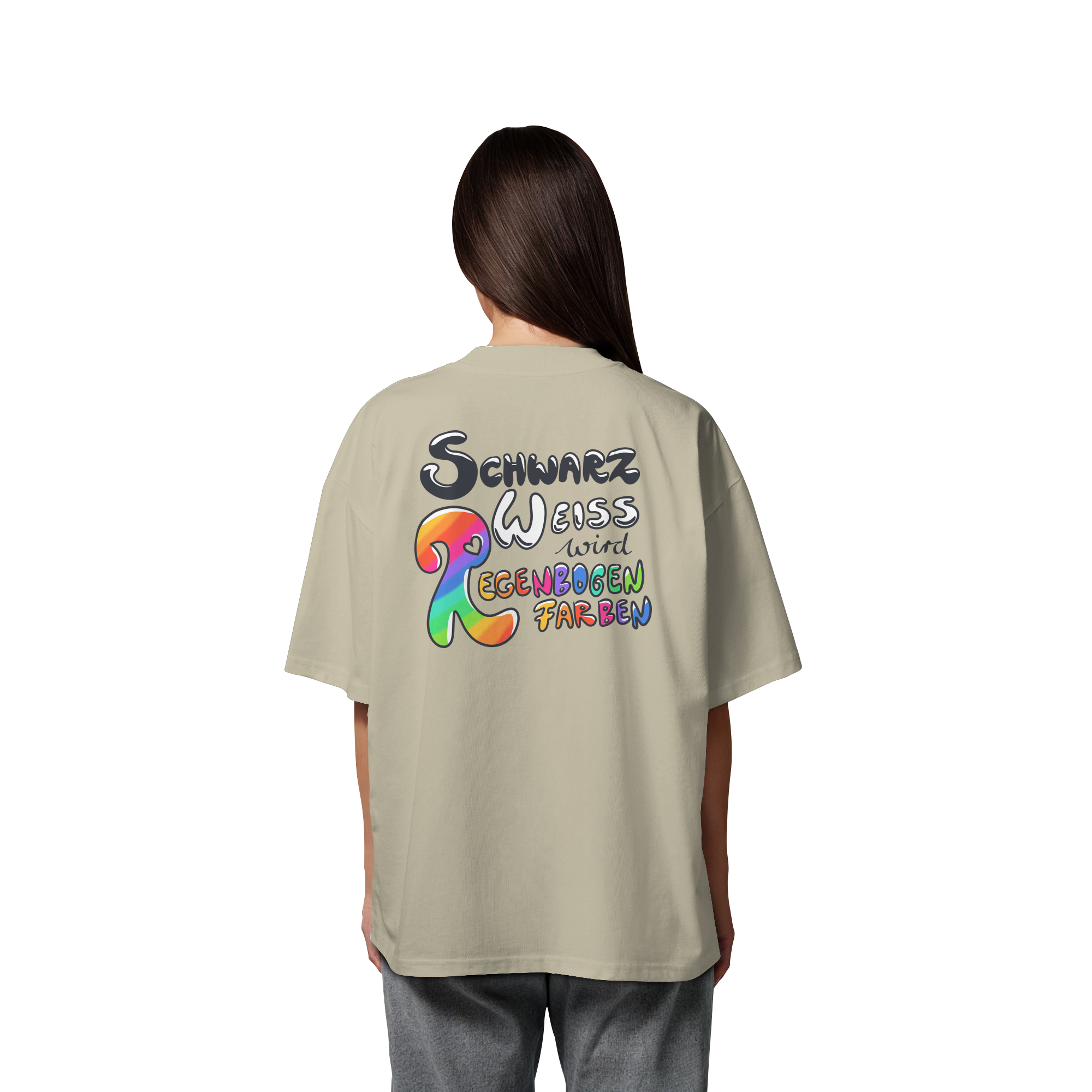 Schwarz Weiß wird Regenbogen Farben Backprint (hell) - Organic Oversize Shirt