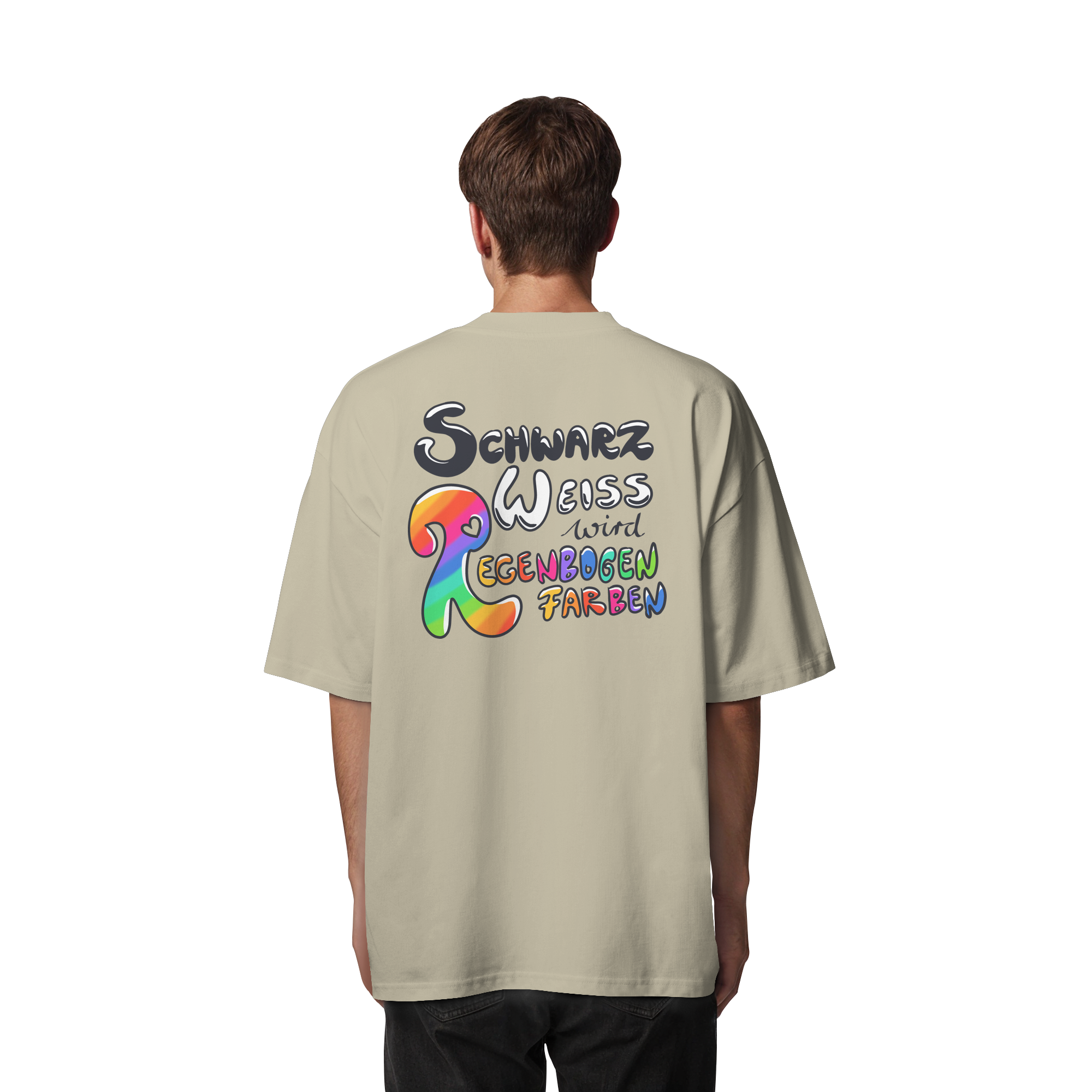 Schwarz Weiß wird Regenbogen Farben Backprint (hell) - Organic Oversize Shirt
