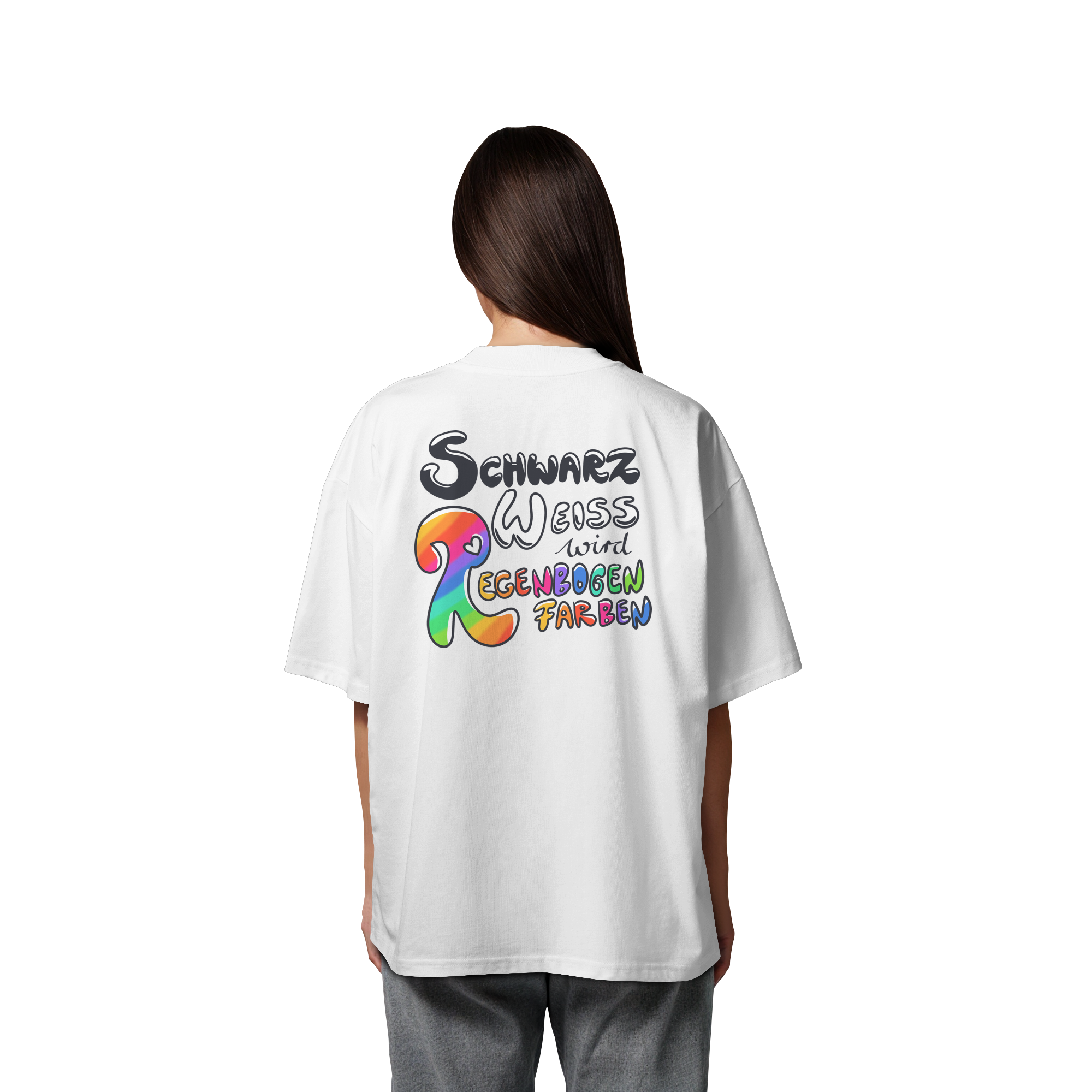Schwarz Weiß wird Regenbogen Farben Backprint (hell) - Organic Oversize Shirt