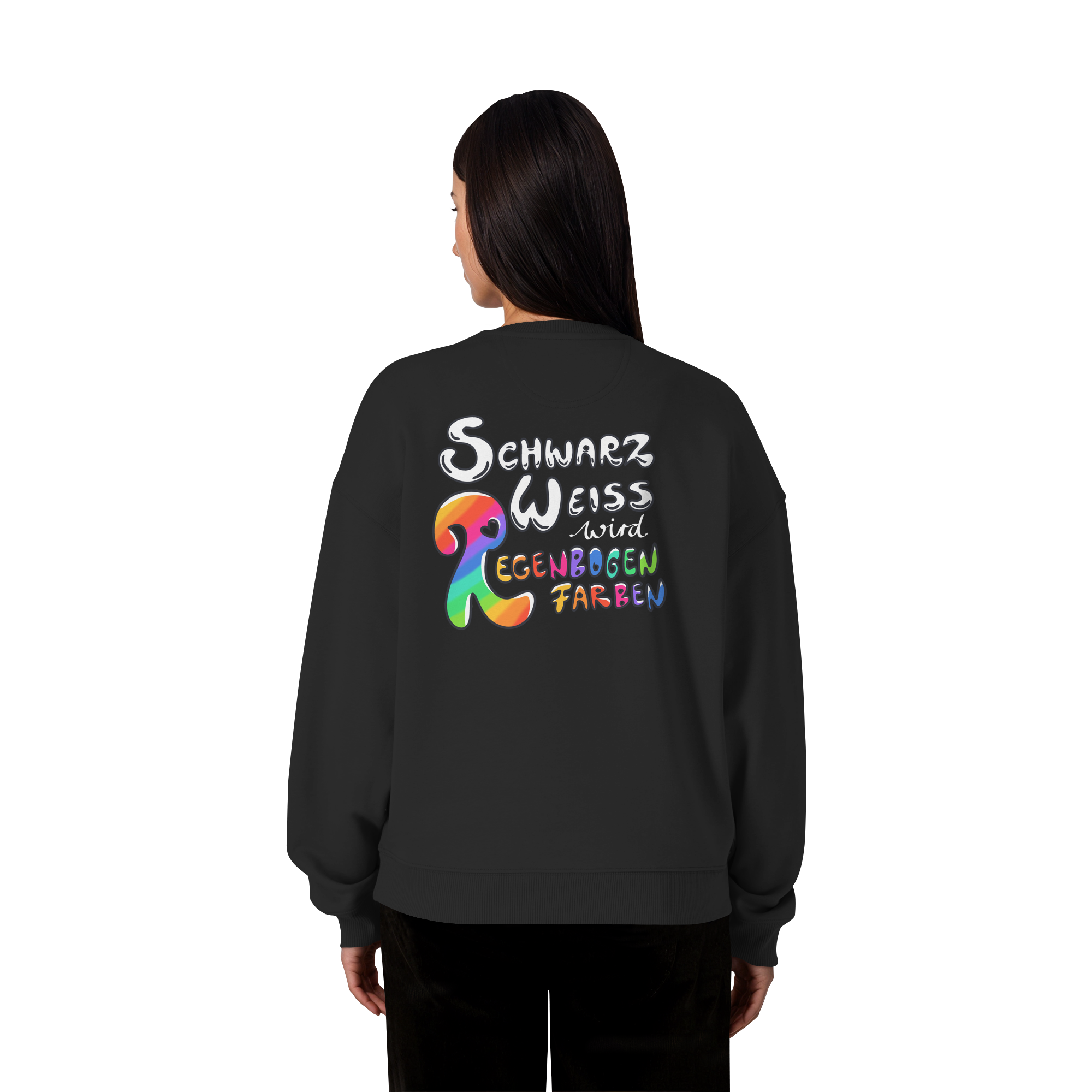 Schwarz Weiß wird Regenbogen Farben Backprint (dunkel) - Organic Oversize Sweatshirt