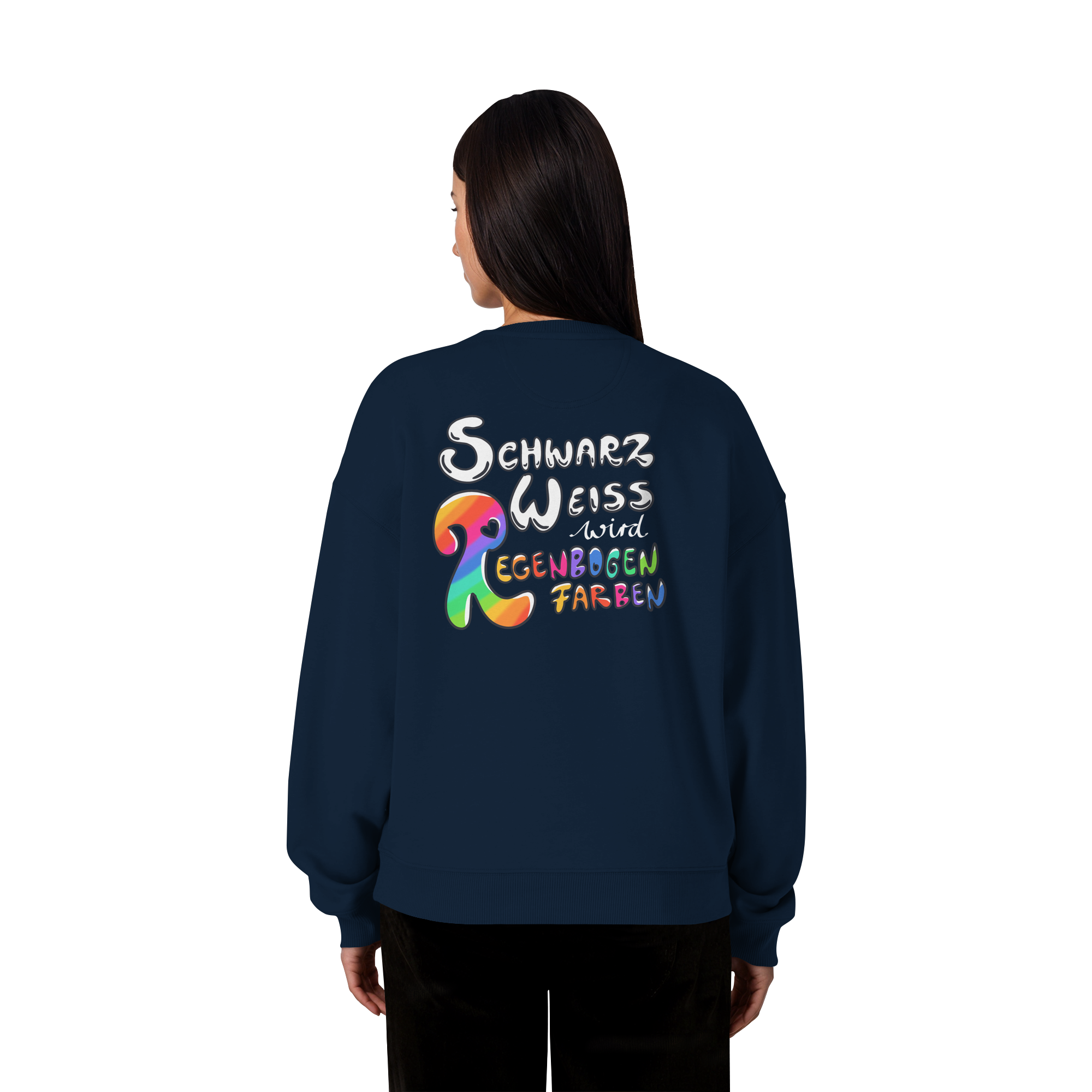 Schwarz Weiß wird Regenbogen Farben Backprint (dunkel) - Organic Oversize Sweatshirt