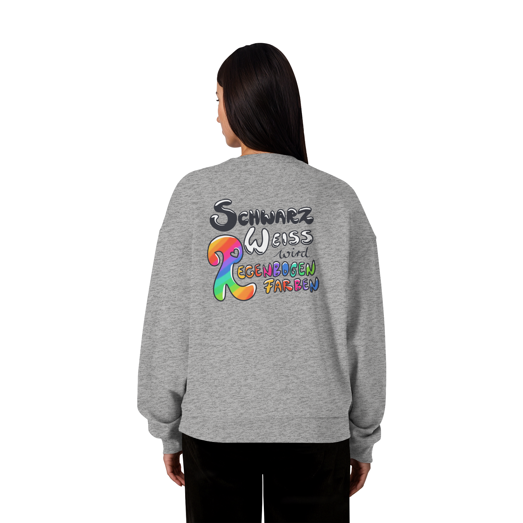 Schwarz Weiß wird Regenbogen Farben Backprint (hell) - Organic Oversize Sweatshirt