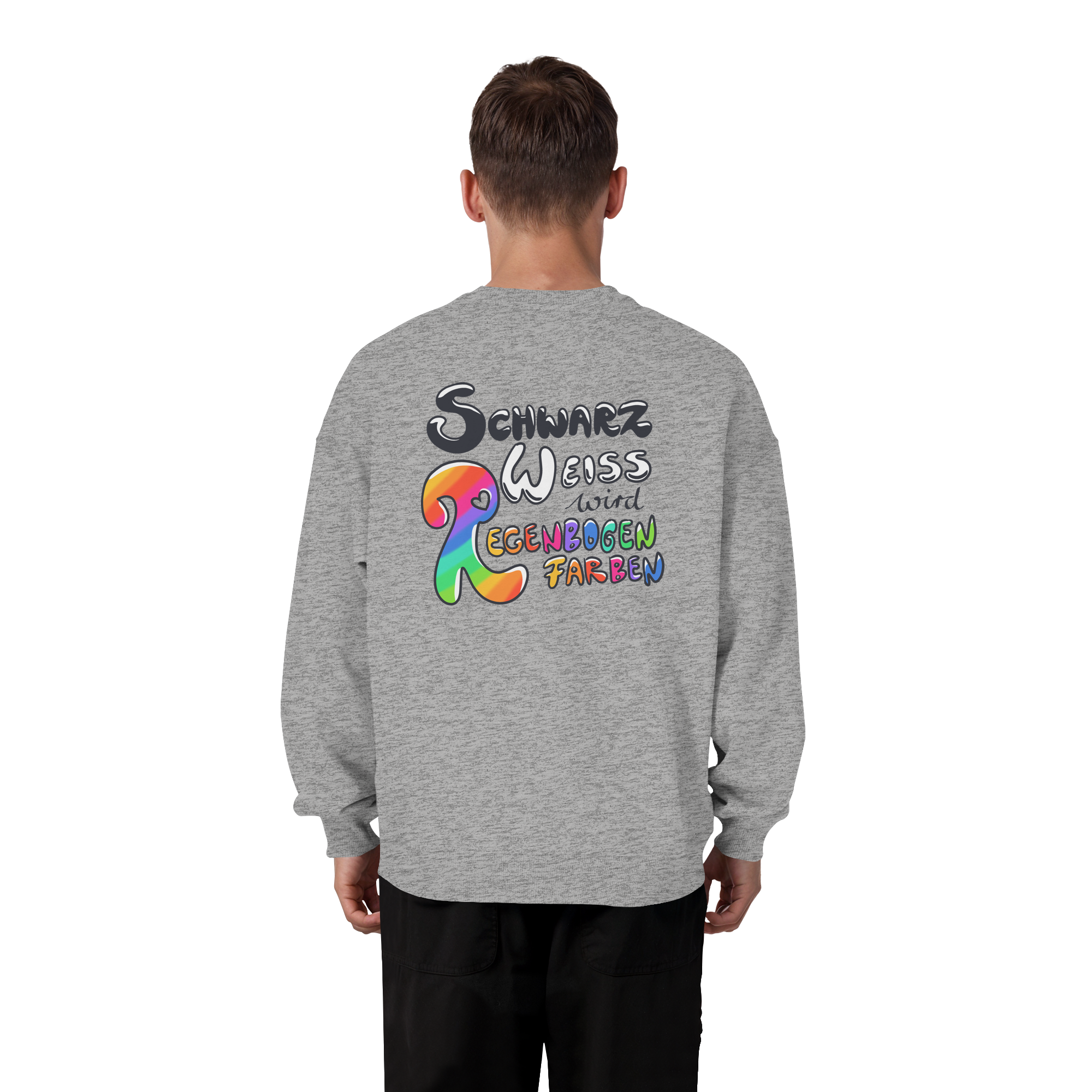 Schwarz Weiß wird Regenbogen Farben Backprint (hell) - Organic Oversize Sweatshirt