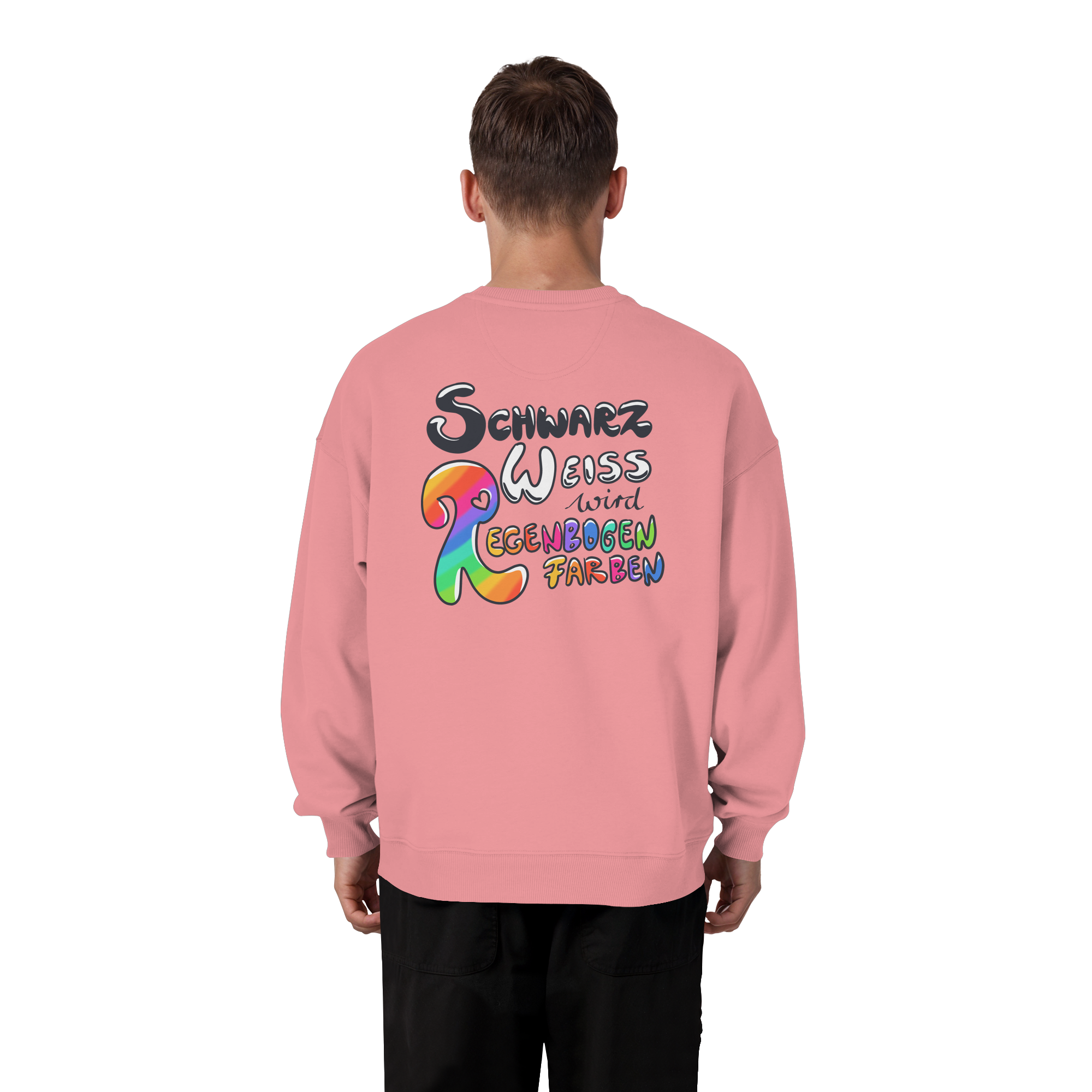 Schwarz Weiß wird Regenbogen Farben Backprint (hell) - Organic Oversize Sweatshirt