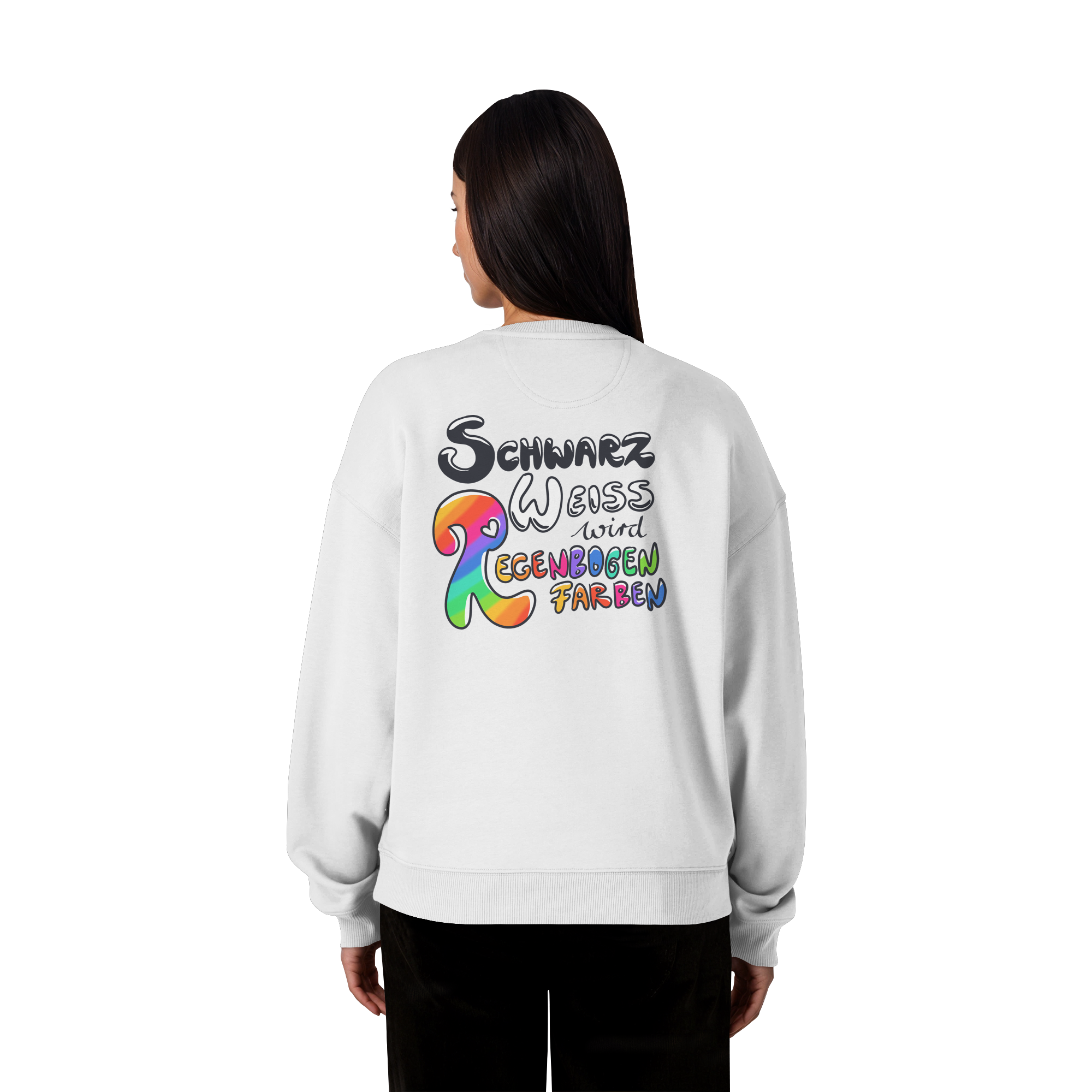 Schwarz Weiß wird Regenbogen Farben Backprint (hell) - Organic Oversize Sweatshirt