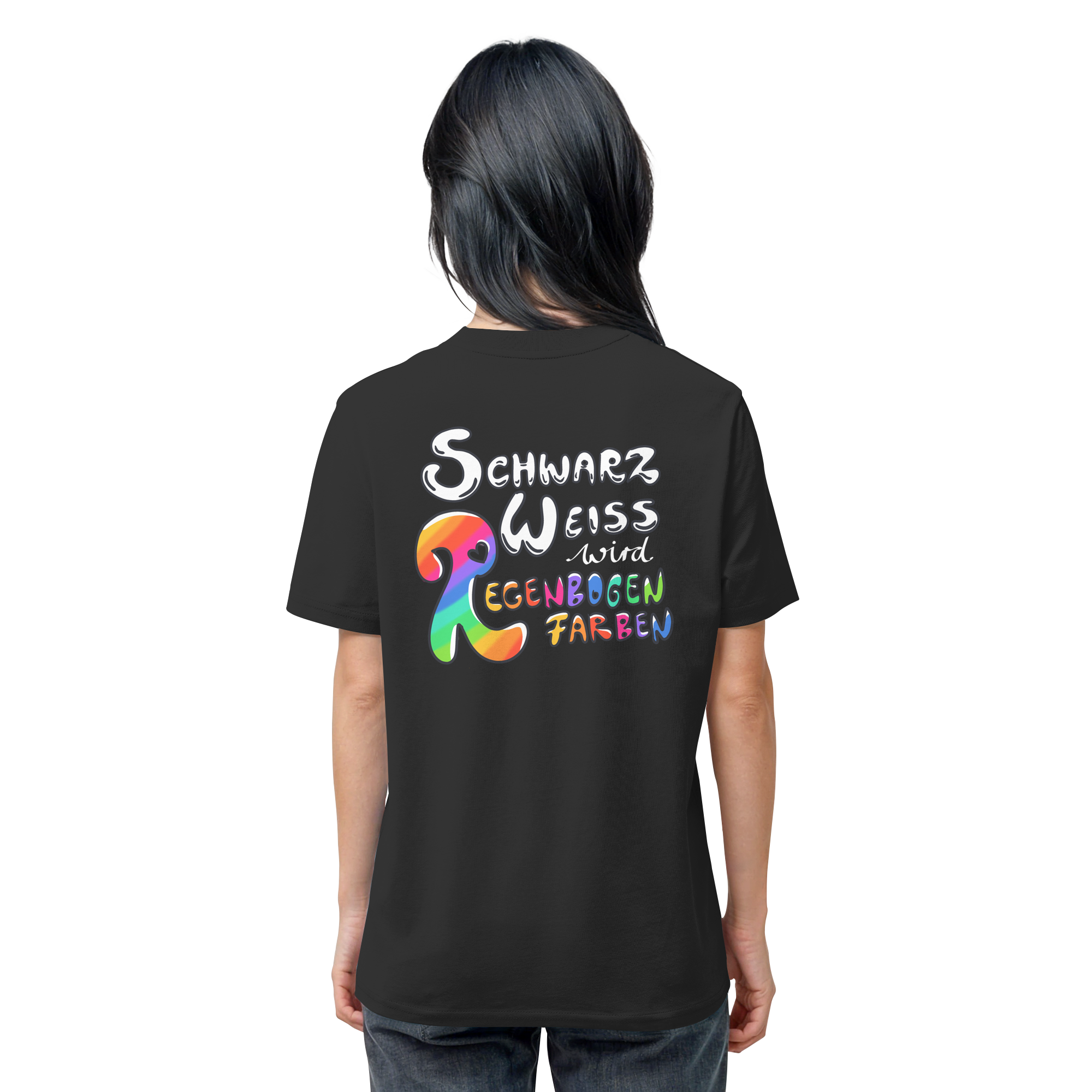 Schwarz Weiß wird Regenbogen Farben Backprint (dunkel) - Organic Shirt