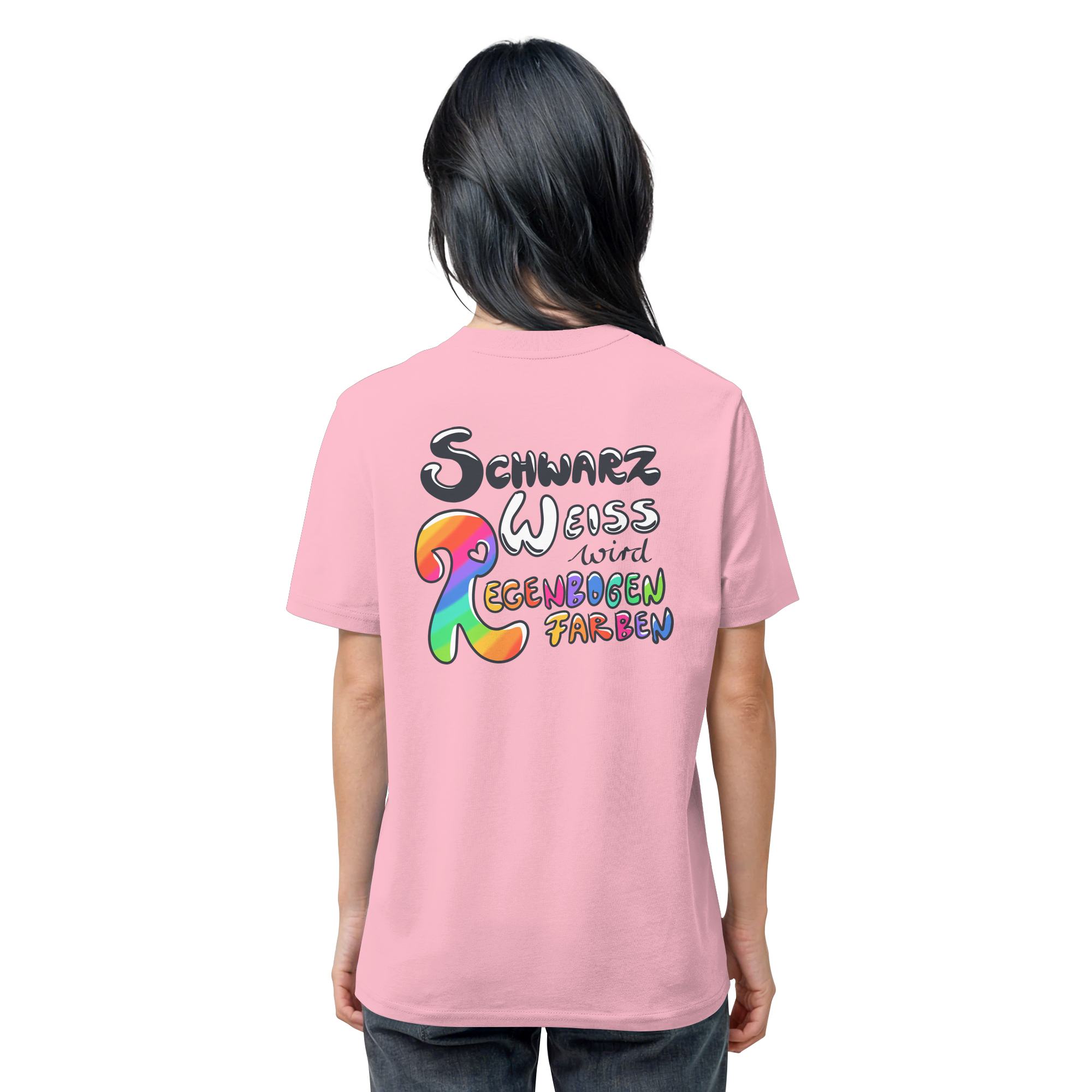 Schwarz Weiß wird Regenbogen Farben Backprint (hell) - Organic Shirt