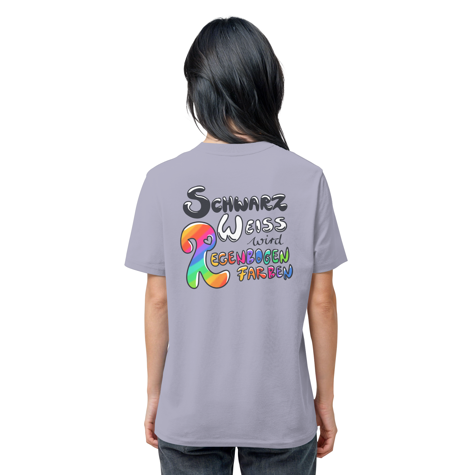 Schwarz Weiß wird Regenbogen Farben Backprint (hell) - Organic Shirt