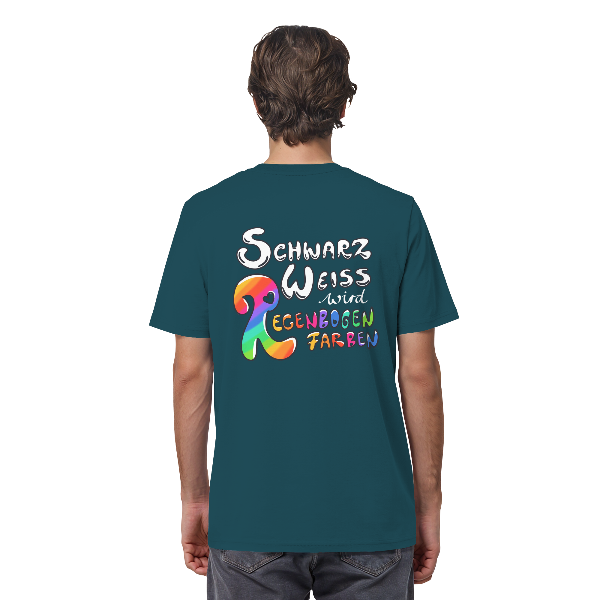 Schwarz Weiß wird Regenbogen Farben Backprint (dunkel) - Organic Shirt