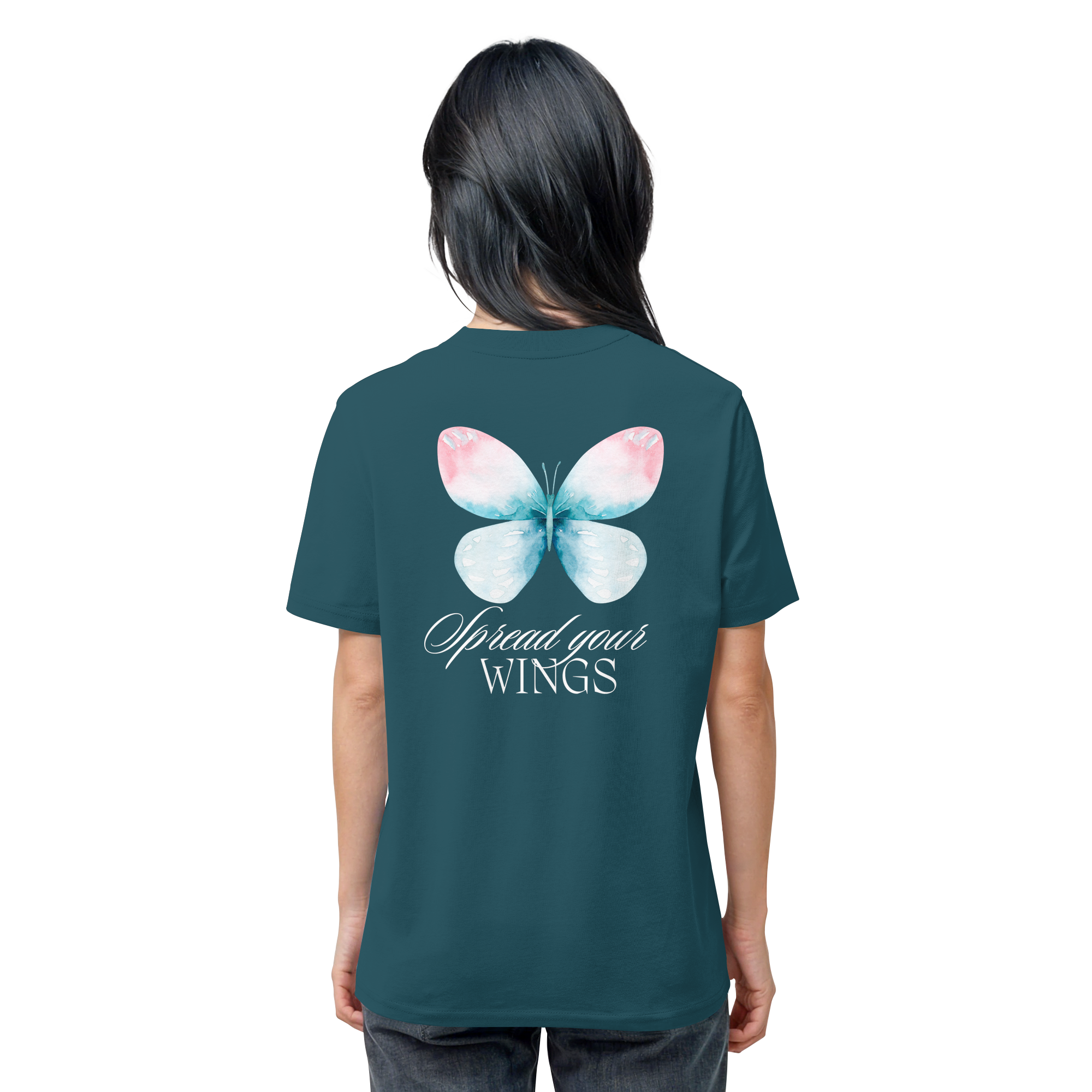 Spread your Wings (weiße Schrift) Backprint - Organic Shirt