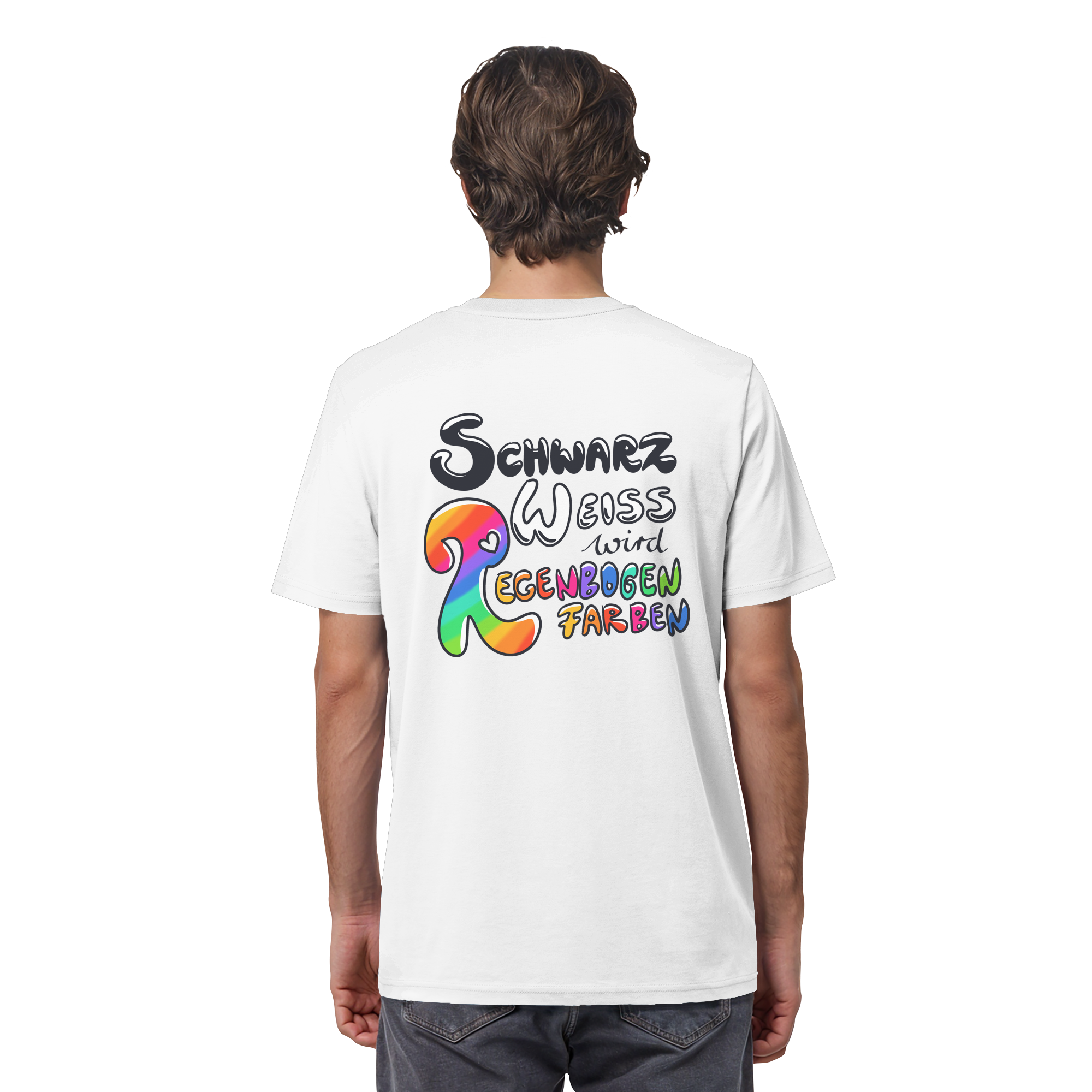 Schwarz Weiß wird Regenbogen Farben Backprint (hell) - Organic Shirt