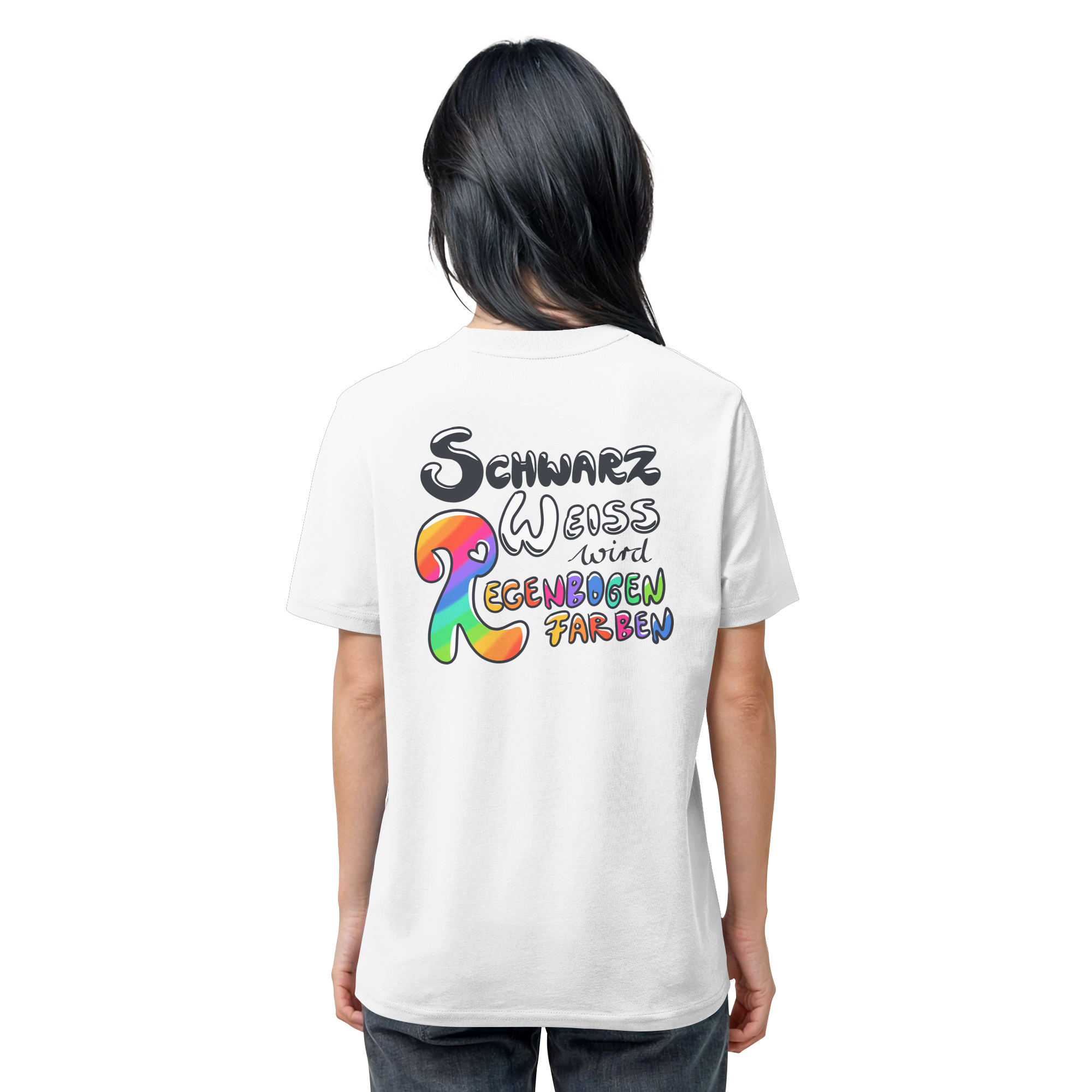 Schwarz Weiß wird Regenbogen Farben Backprint (hell) - Organic Shirt