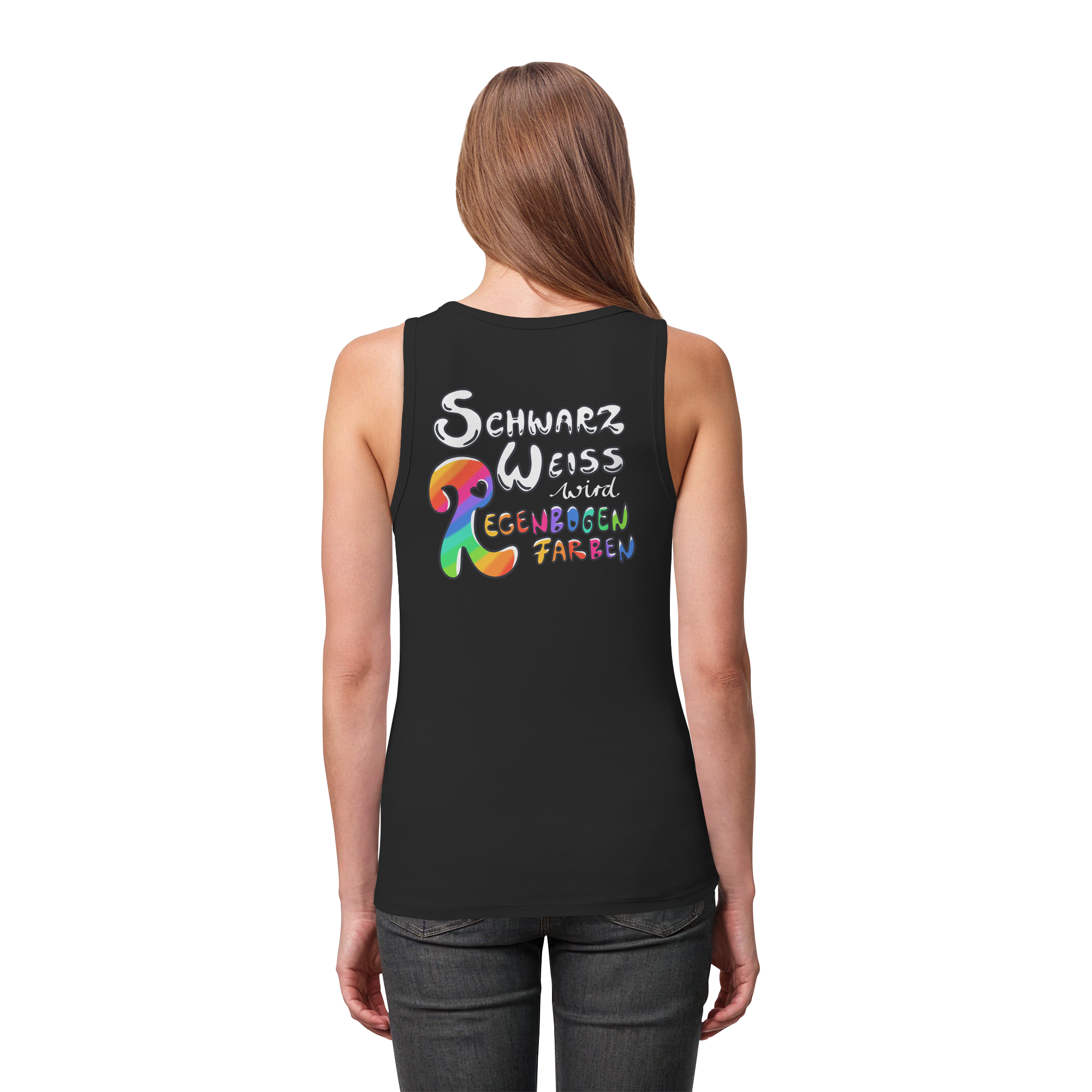Schwarz Weiß wird Regenbogen Farben Backprint (dunkel) - Womens Organic Fitted Tank Top