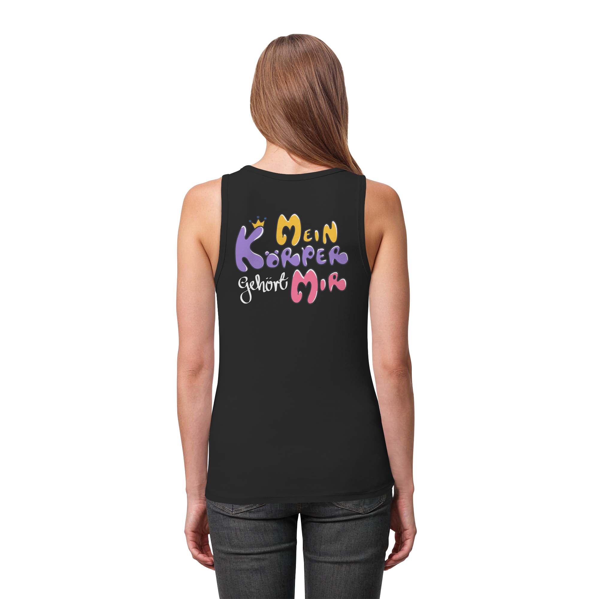 Survivor Queens Logo mit "Mein Körper gehört mir" Backprint (dunkel) - Womens Organic Fitted Tank Top
